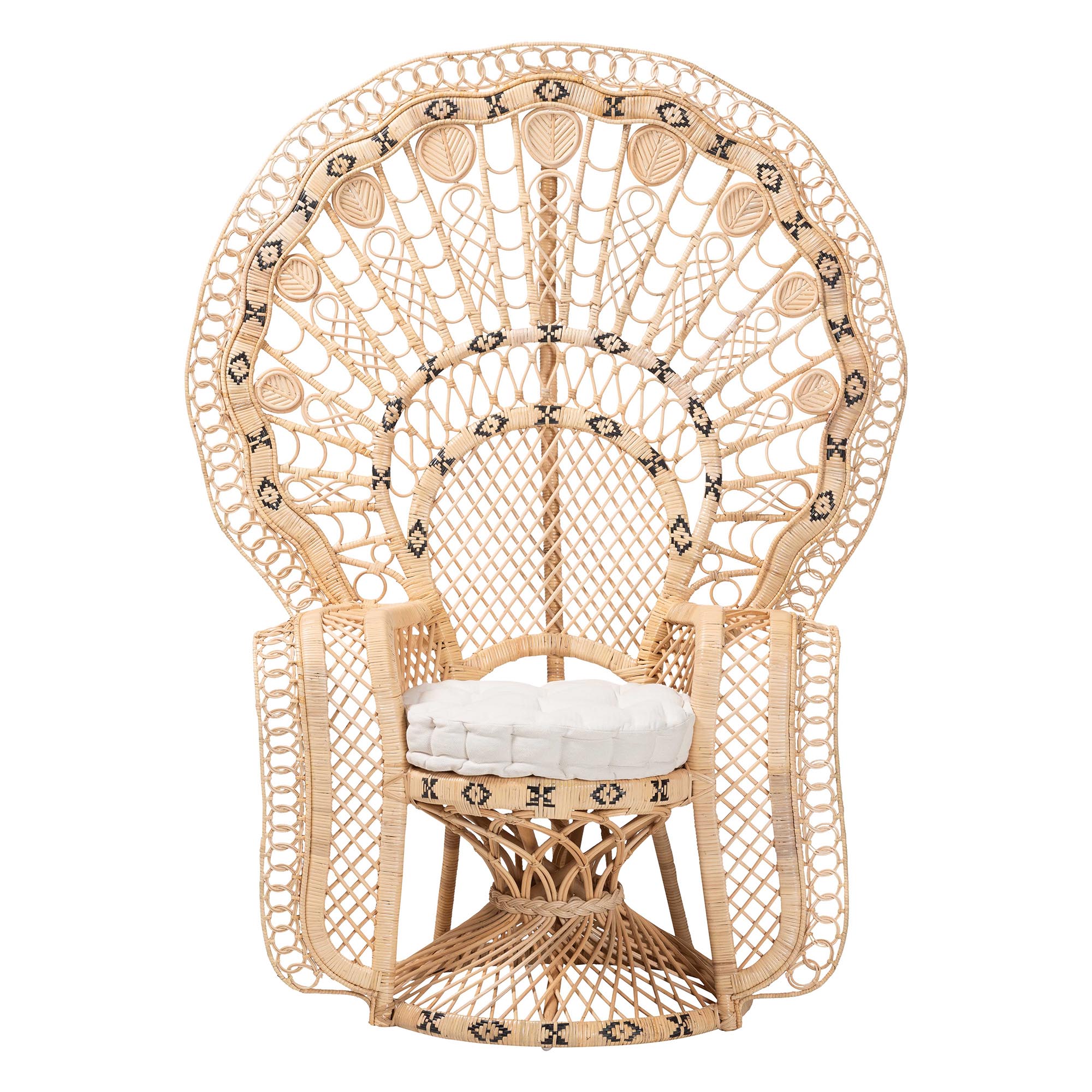 bali & pari Nafisa Natural Rattan Peacock Chair - Handwoven Wicker Accent Chair with Fan Backrest and Removable Cushion, Boho Coastal Accent Seating for Living Room or Events