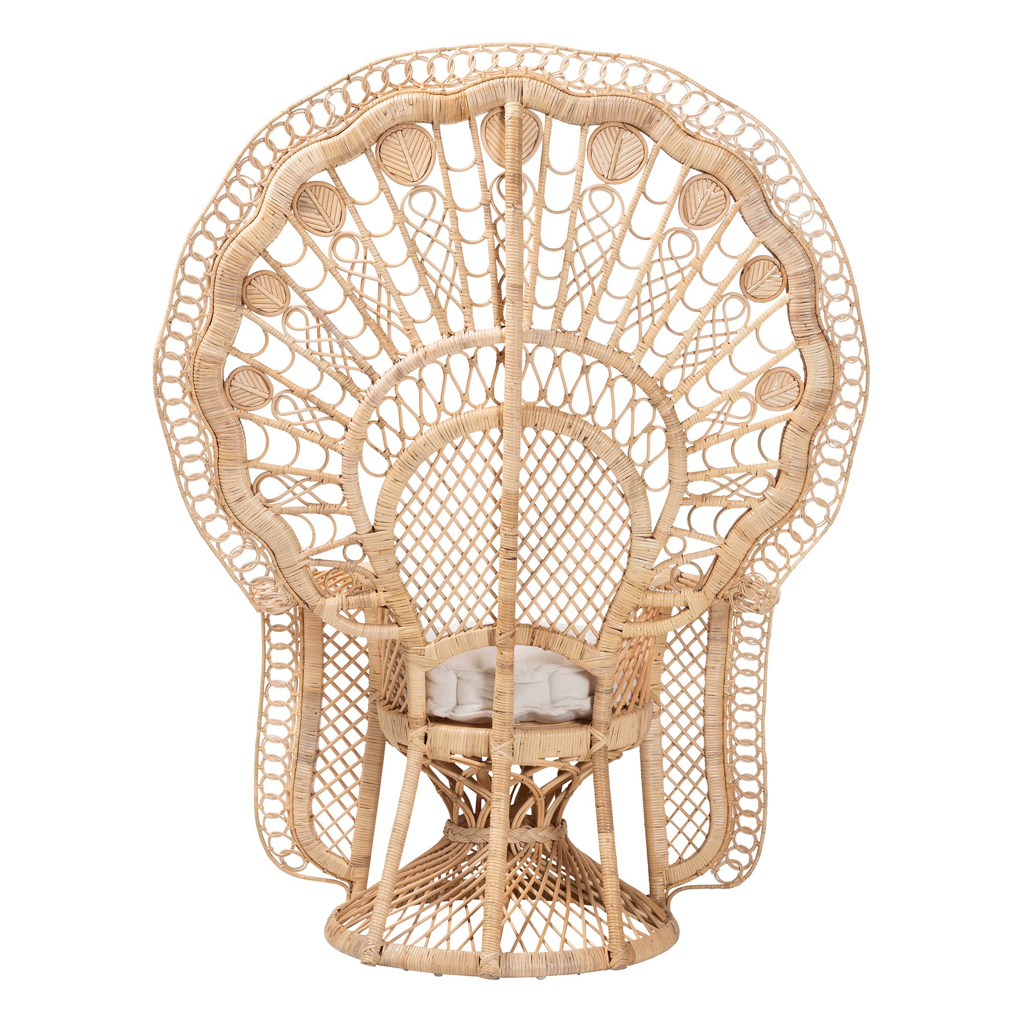 bali & pari Nafisa Natural Rattan Peacock Chair - Handwoven Wicker Accent Chair with Fan Backrest and Removable Cushion, Boho Coastal Accent Seating for Living Room or Events