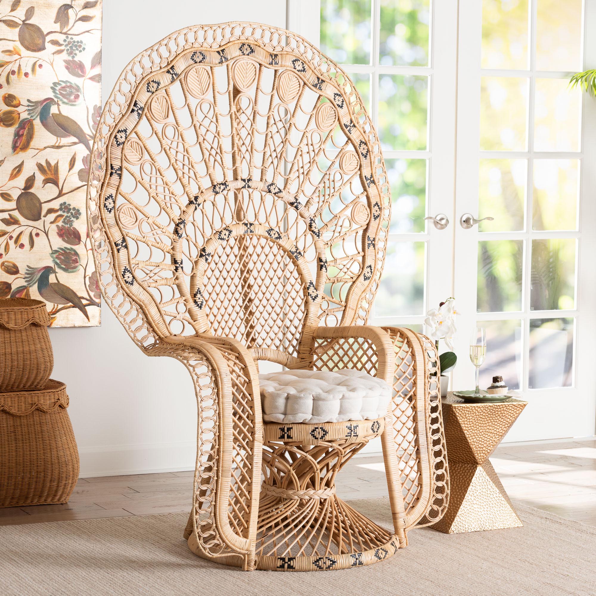 bali & pari Nafisa Natural Rattan Peacock Chair - Handwoven Wicker Accent Chair with Fan Backrest and Removable Cushion, Boho Coastal Accent Seating for Living Room or Events