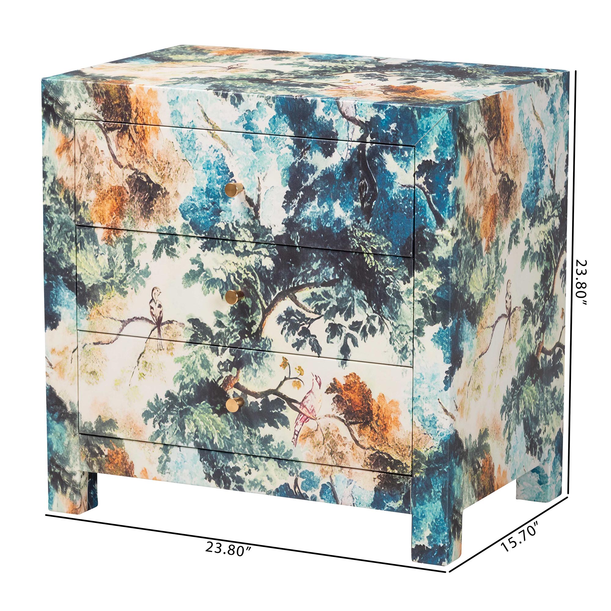 Baxton Studio Adeline End Table with Printed Nature Motif - 3-Drawer Storage Cabinet with Gold Knobs