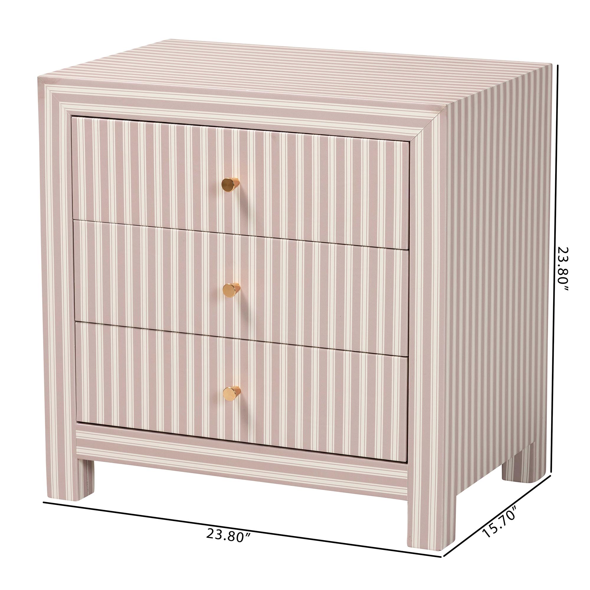 Baxton Studio Javianne End Table with Striped Faux Leather - 3-Drawer Storage Cabinet with Gold Knobs