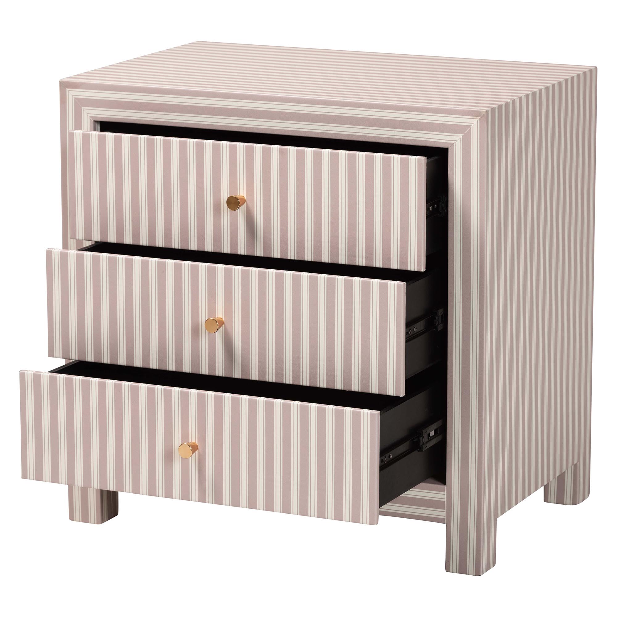 Baxton Studio Javianne End Table with Striped Faux Leather - 3-Drawer Storage Cabinet with Gold Knobs