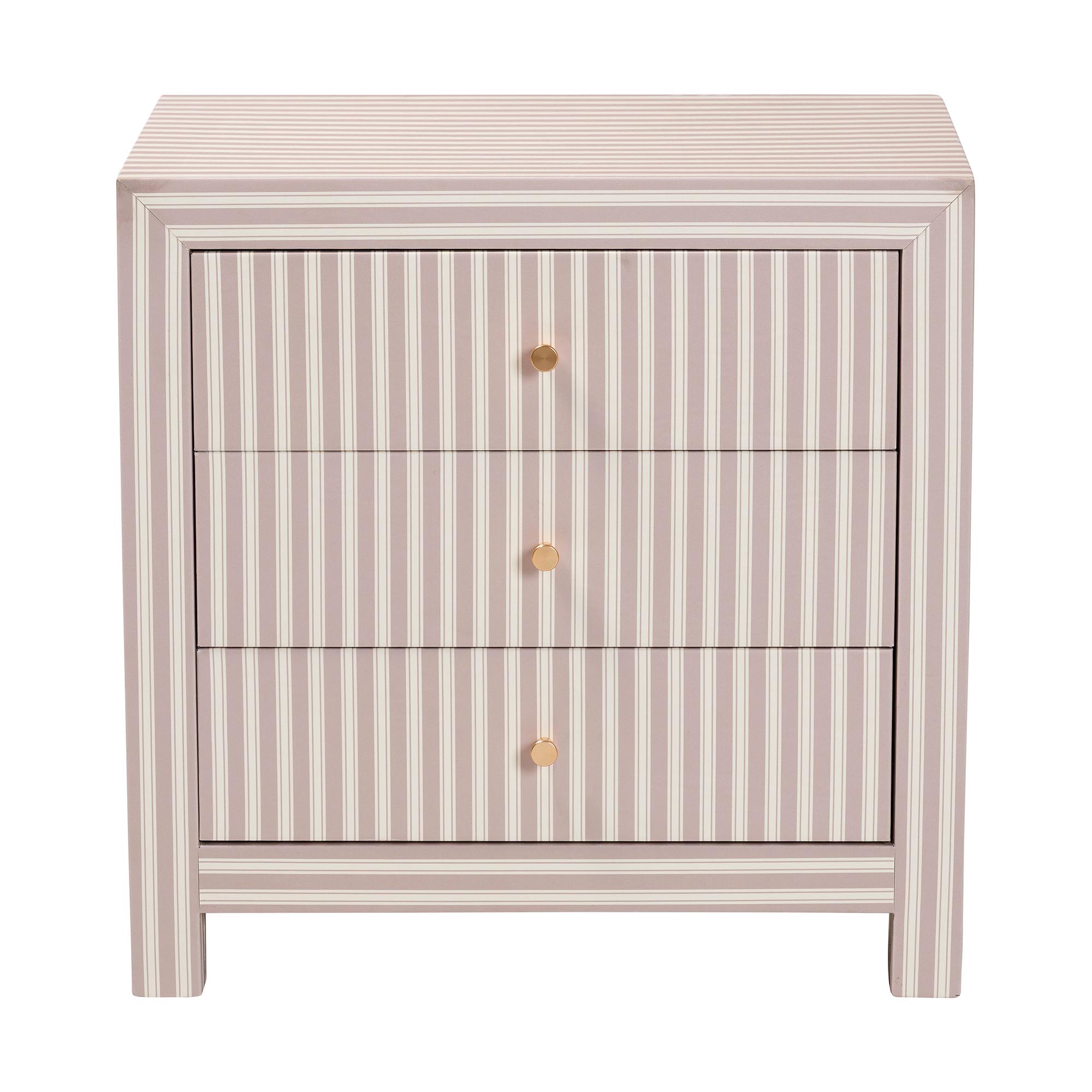 Baxton Studio Javianne End Table with Striped Faux Leather - 3-Drawer Storage Cabinet with Gold Knobs