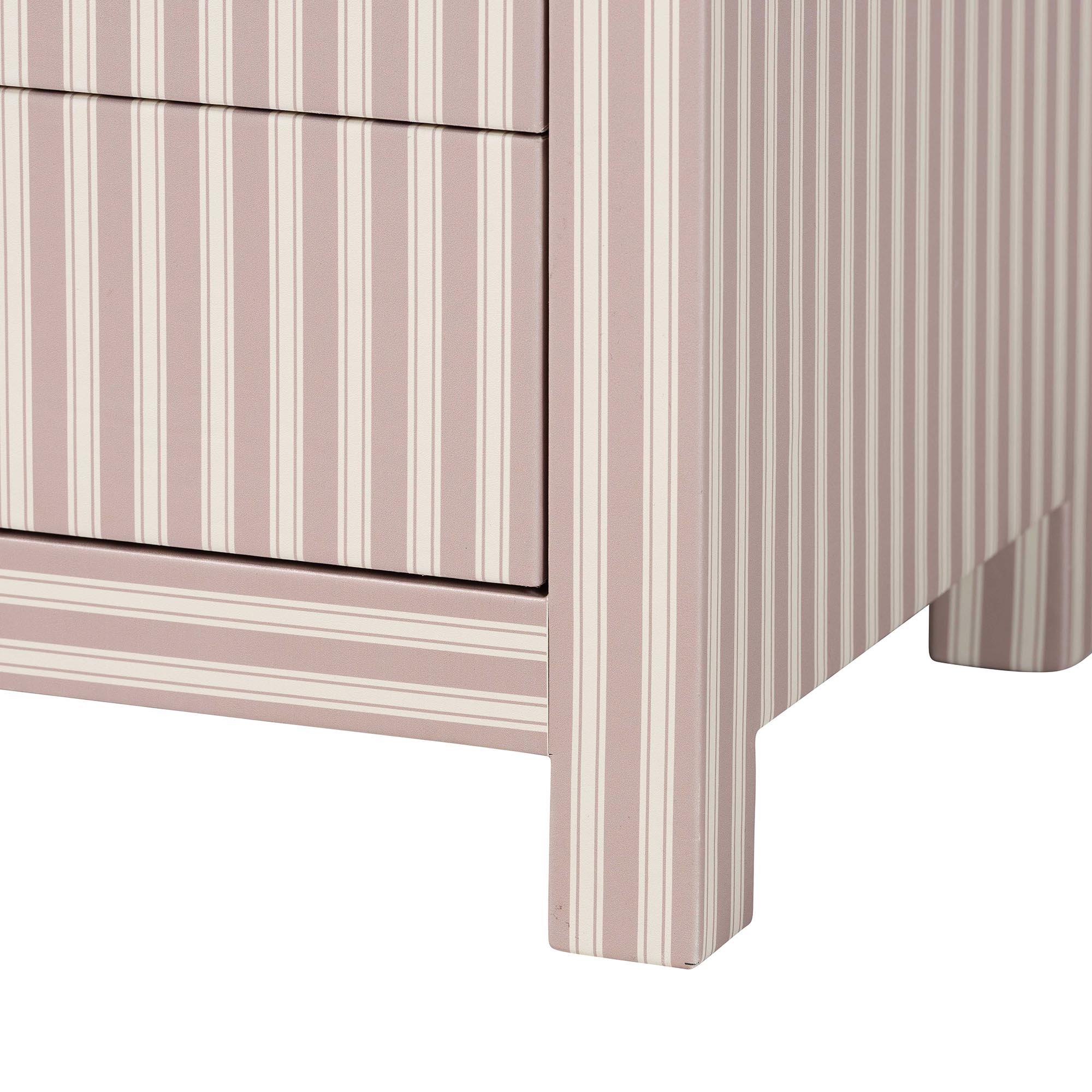 Baxton Studio Javianne End Table with Striped Faux Leather - 3-Drawer Storage Cabinet with Gold Knobs
