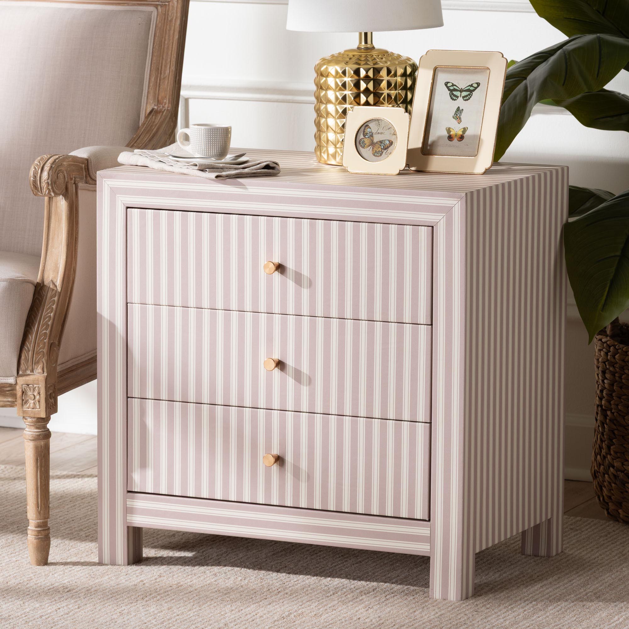 Baxton Studio Javianne End Table with Striped Faux Leather - 3-Drawer Storage Cabinet with Gold Knobs