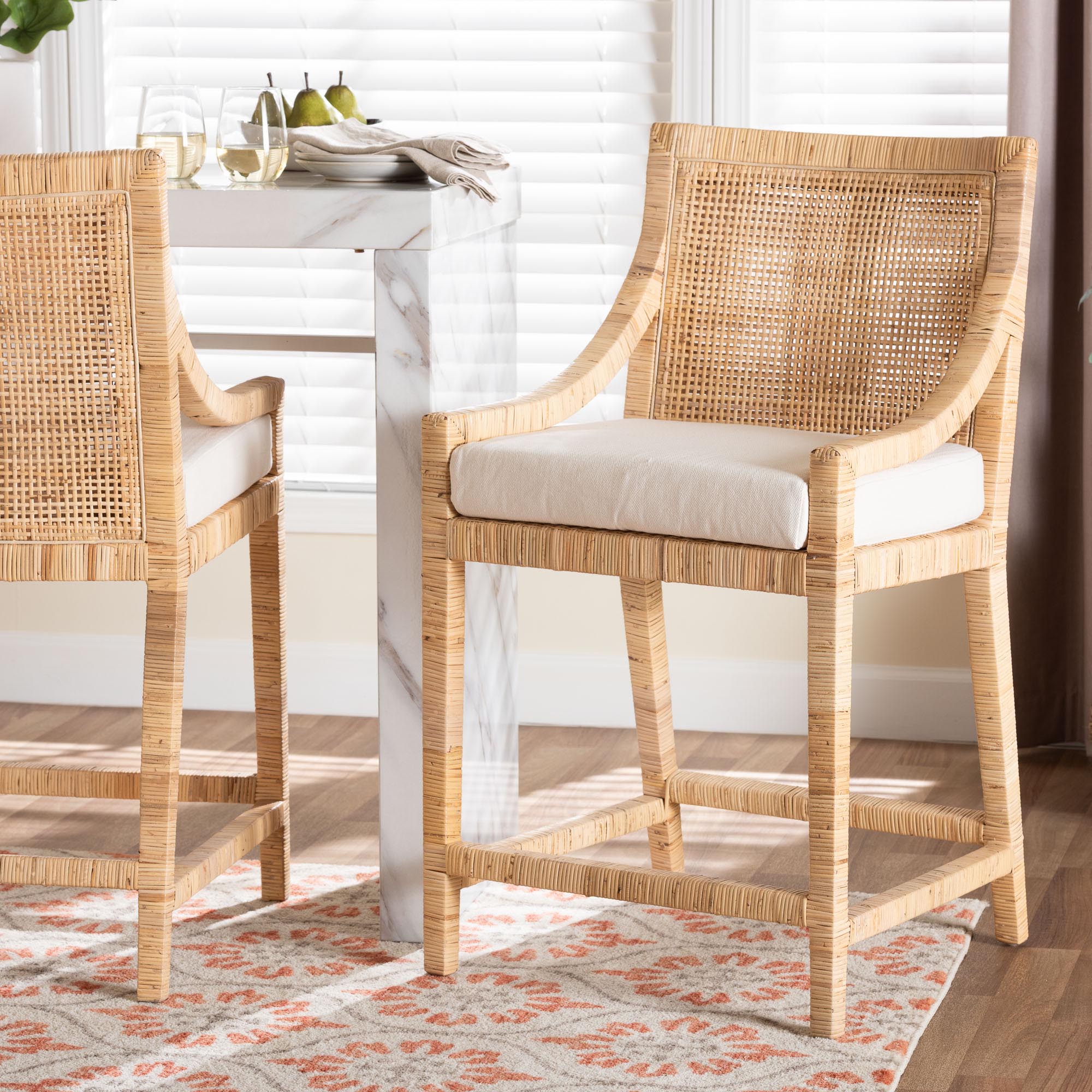 bali & pari Alexis Natural Rattan Counter Stool - Handcrafted Wingback Counter Chair with Woven Back and Removable Seat Cushion, Coastal Boho Style Seating for Kitchen Island or Dining Area