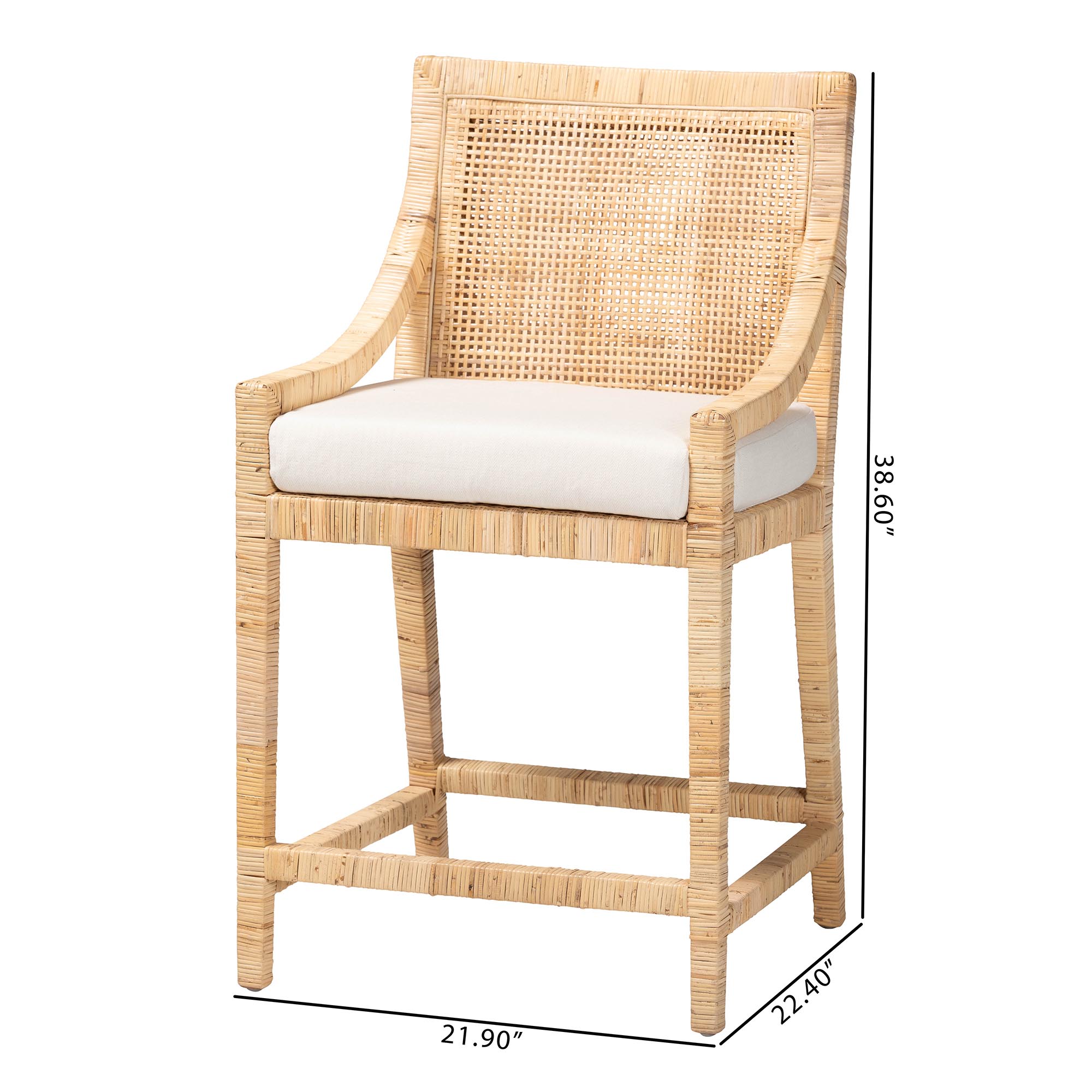 bali & pari Alexis Natural Rattan Counter Stool - Handcrafted Wingback Counter Chair with Woven Back and Removable Seat Cushion, Coastal Boho Style Seating for Kitchen Island or Dining Area