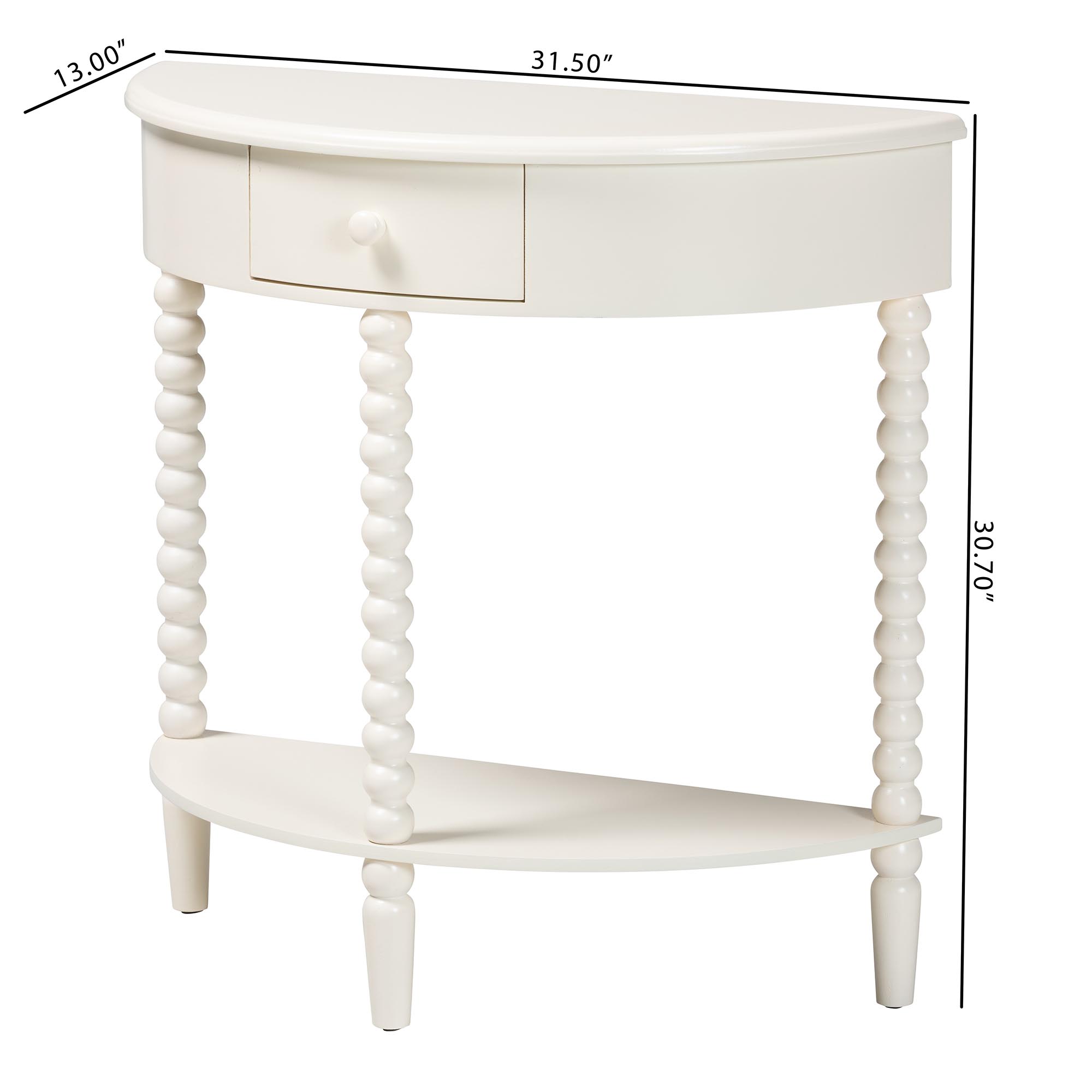 Baxton Studio Raynera Bobbin-Leg Demilune Console Table - Half-Moon Accent Table with 1 Drawer and Open Shelf, Cottage Farmhouse Entryway or Living Room Furniture