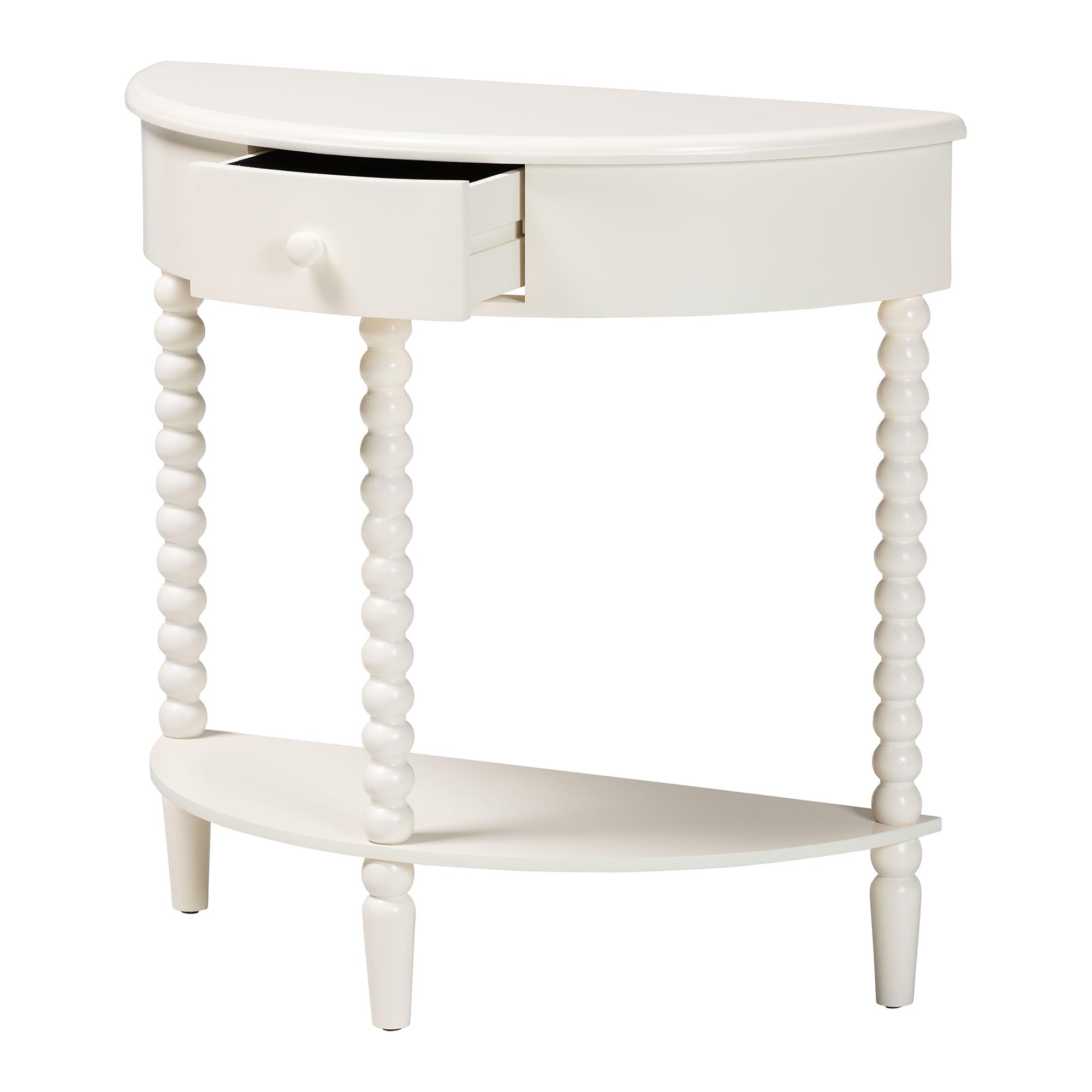 Baxton Studio Raynera Bobbin-Leg Demilune Console Table - Half-Moon Accent Table with 1 Drawer and Open Shelf, Cottage Farmhouse Entryway or Living Room Furniture