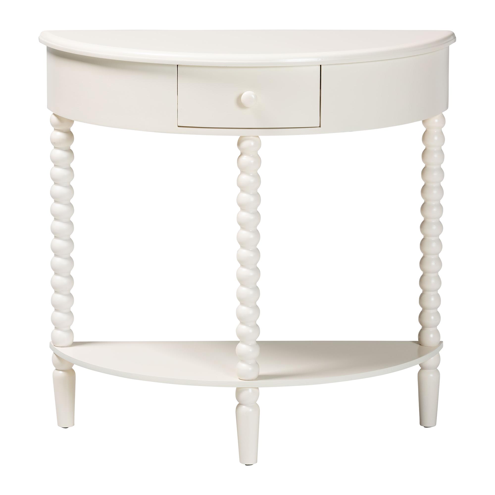 Baxton Studio Raynera Bobbin-Leg Demilune Console Table - Half-Moon Accent Table with 1 Drawer and Open Shelf, Cottage Farmhouse Entryway or Living Room Furniture