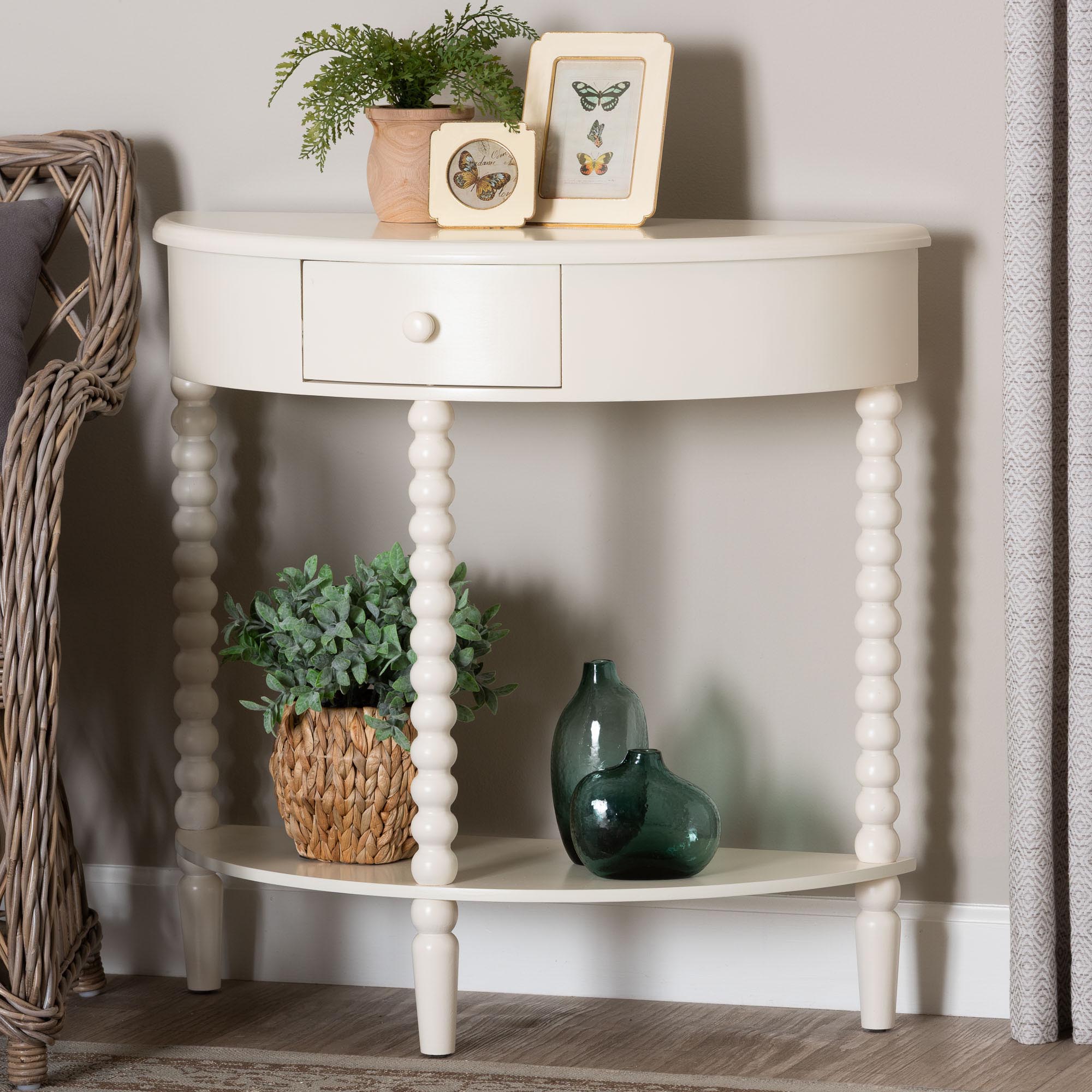 Baxton Studio Raynera Bobbin-Leg Demilune Console Table - Half-Moon Accent Table with 1 Drawer and Open Shelf, Cottage Farmhouse Entryway or Living Room Furniture