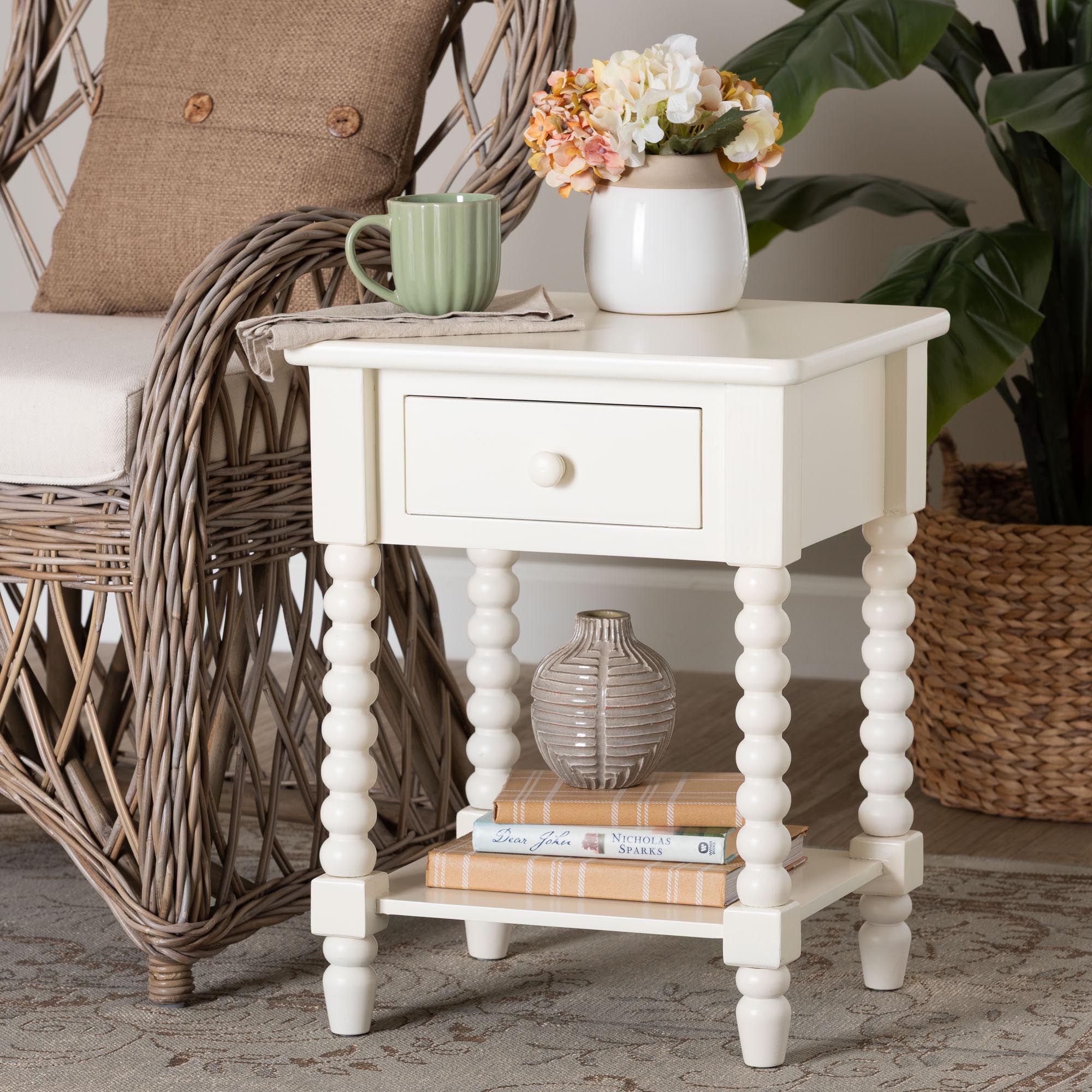 Baxton Studio Raynera End Table with Bobbin Legs - 1-Drawer Accent Table with Spindle Turned Legs and Open Shelf, Cottage Farmhouse Style Side Table for Living Room