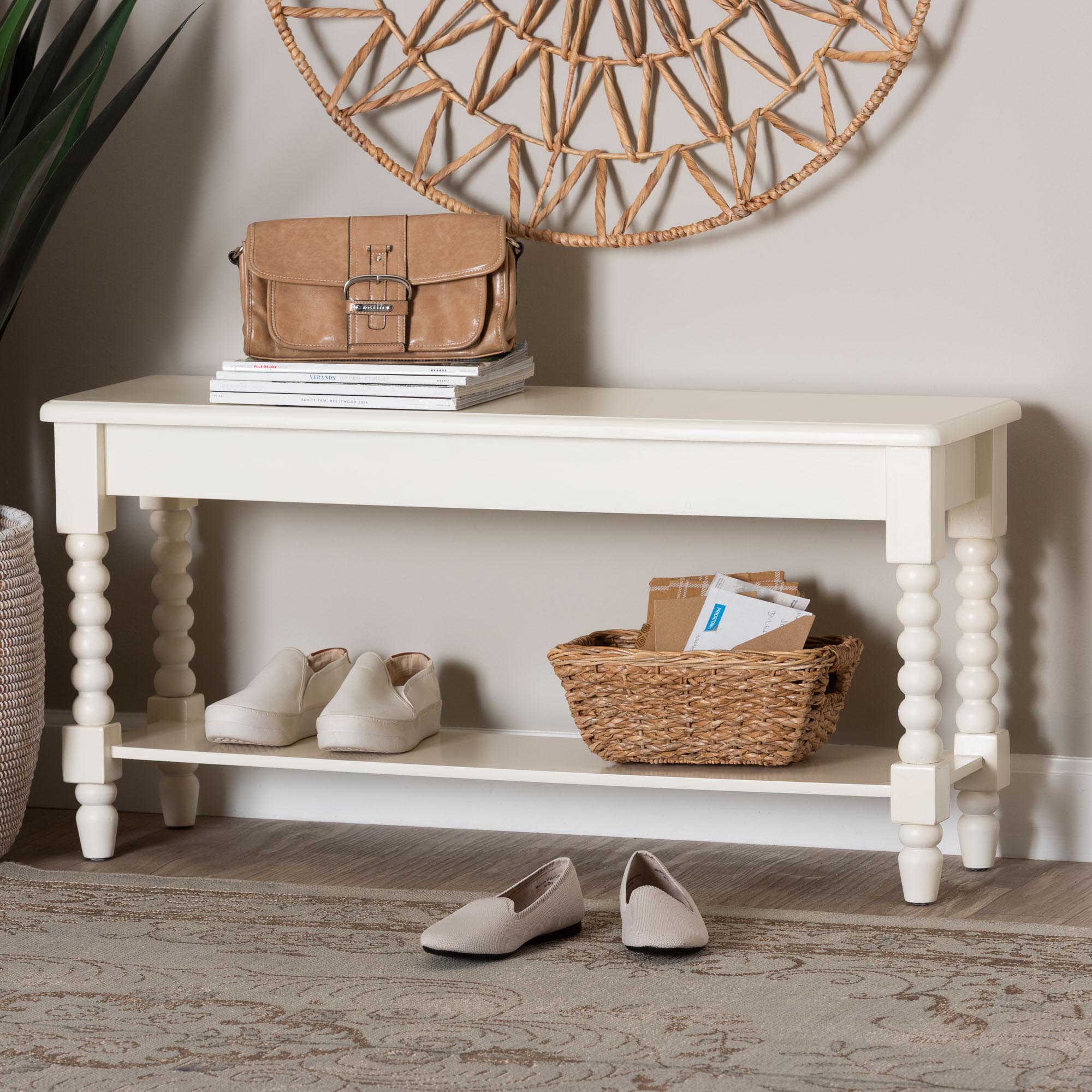 Baxton Studio Bayard Accent Bench with Bobbin Legs - Spindle Leg Entryway Bench with Shelf, Cottage Farmhouse Style Hallway or Mudroom Seating