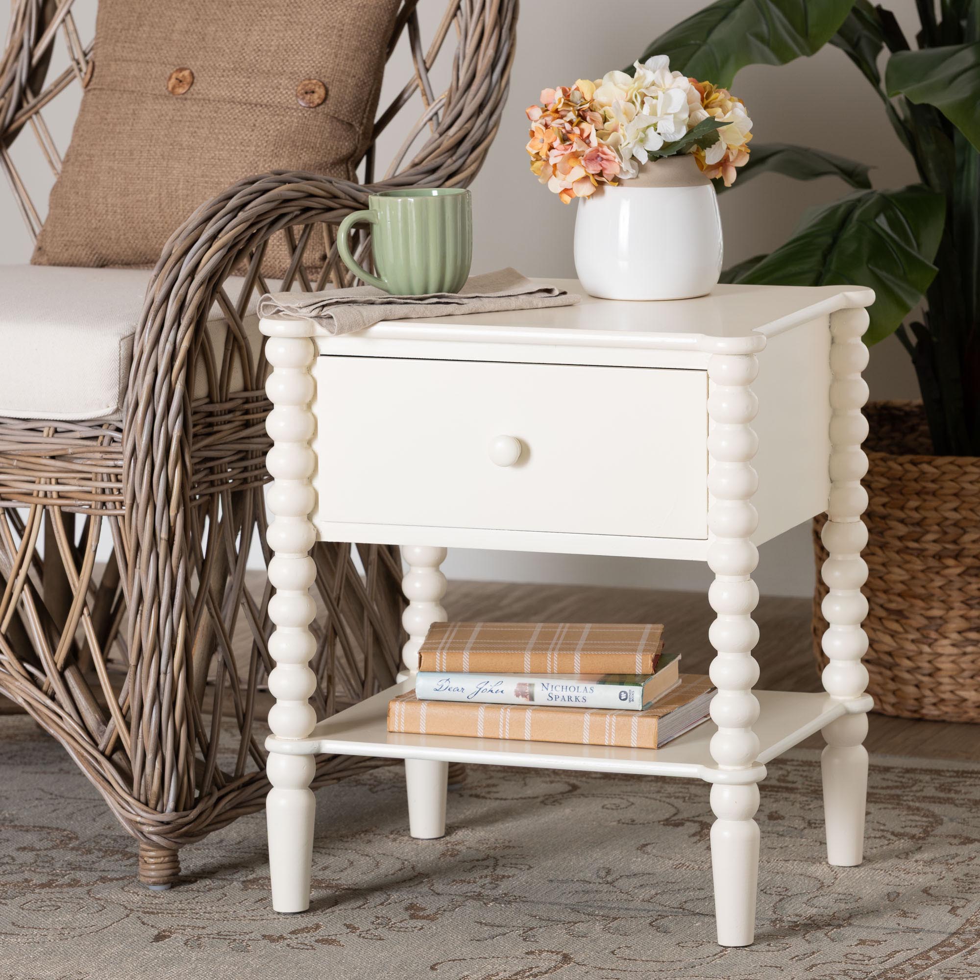 Baxton Studio Rimona End Table with Bobbin Legs - 1-Drawer Accent Table with Spindle Turned Legs and Open Shelf, Cottage Farmhouse Style Side Table for Living Room