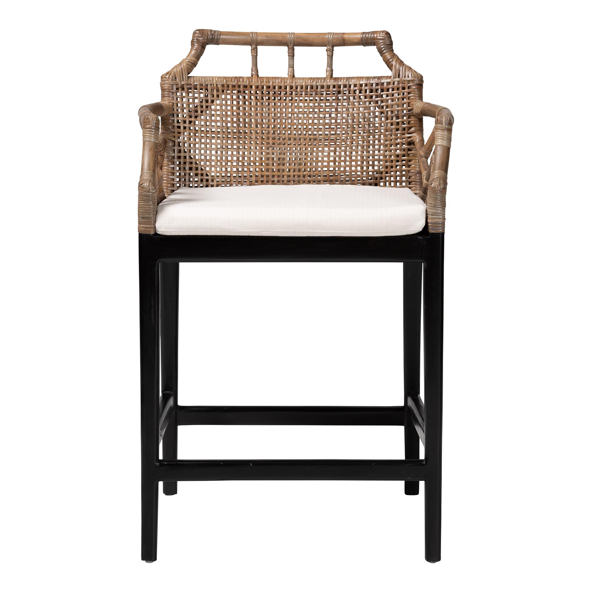 bali & pari Abiel Natural Rattan Counter Stool with Arms and Removable Cushion - Handwoven Wicker Stool with Mahogany Wood Frame, Coastal Boho Seating for Kitchen or Dining Area