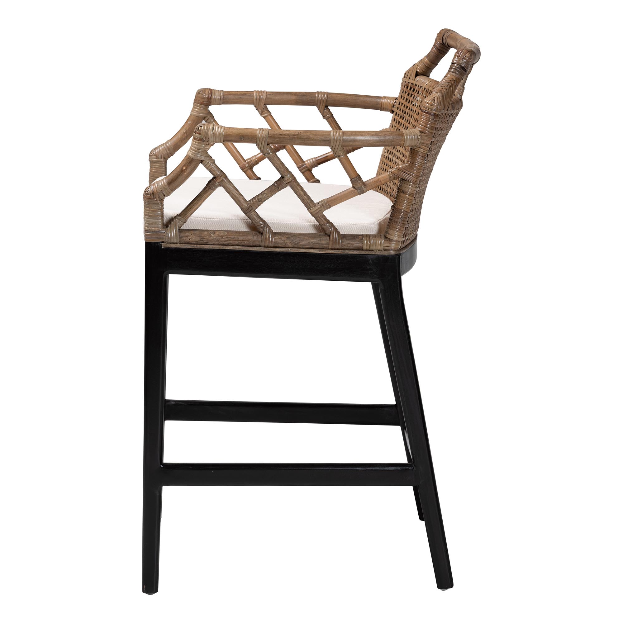 bali & pari Abiel Natural Rattan Counter Stool with Arms and Removable Cushion - Handwoven Wicker Stool with Mahogany Wood Frame, Coastal Boho Seating for Kitchen or Dining Area