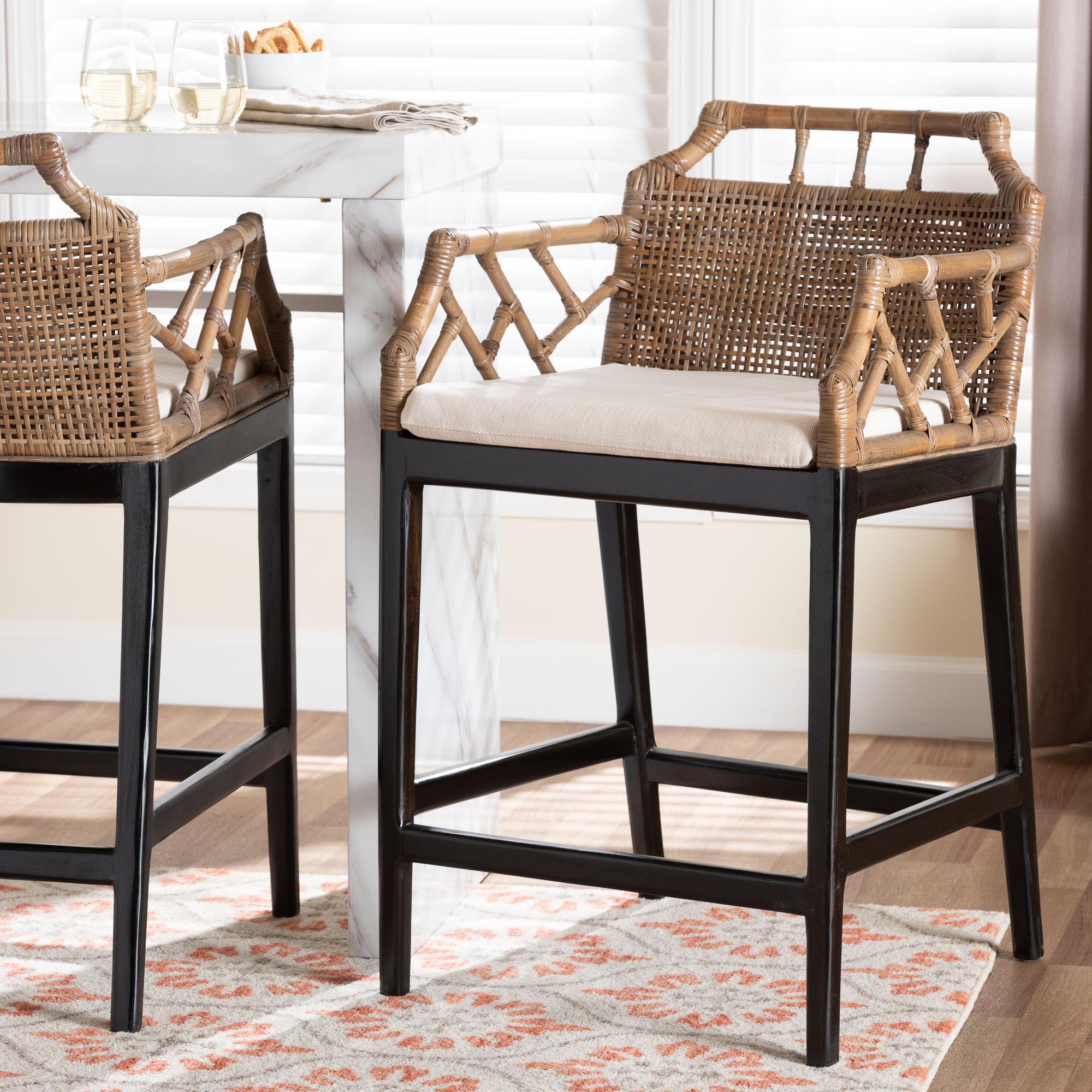 bali & pari Abiel Natural Rattan Counter Stool with Arms and Removable Cushion - Handwoven Wicker Stool with Mahogany Wood Frame, Coastal Boho Seating for Kitchen or Dining Area
