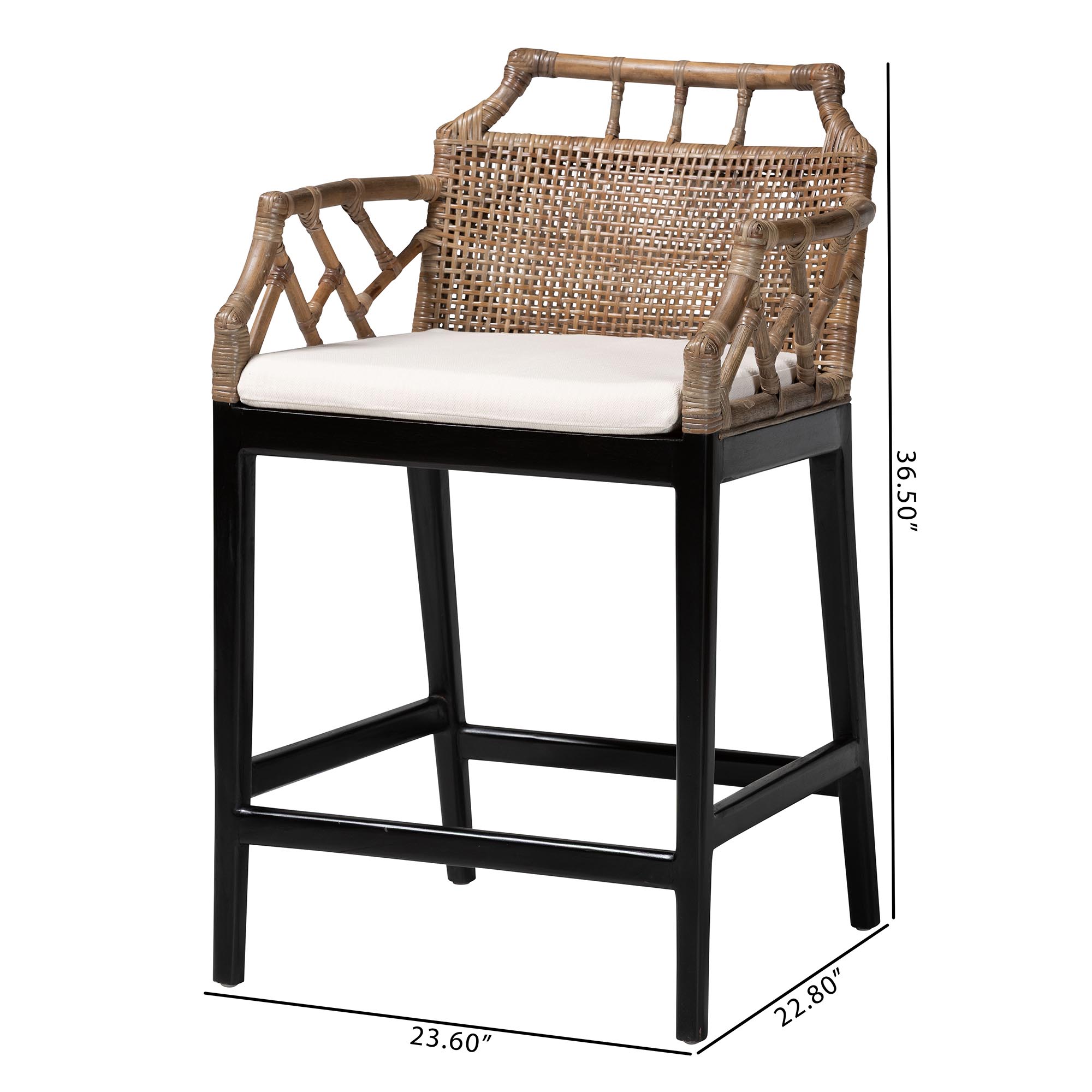 bali & pari Abiel Natural Rattan Counter Stool with Arms and Removable Cushion - Handwoven Wicker Stool with Mahogany Wood Frame, Coastal Boho Seating for Kitchen or Dining Area