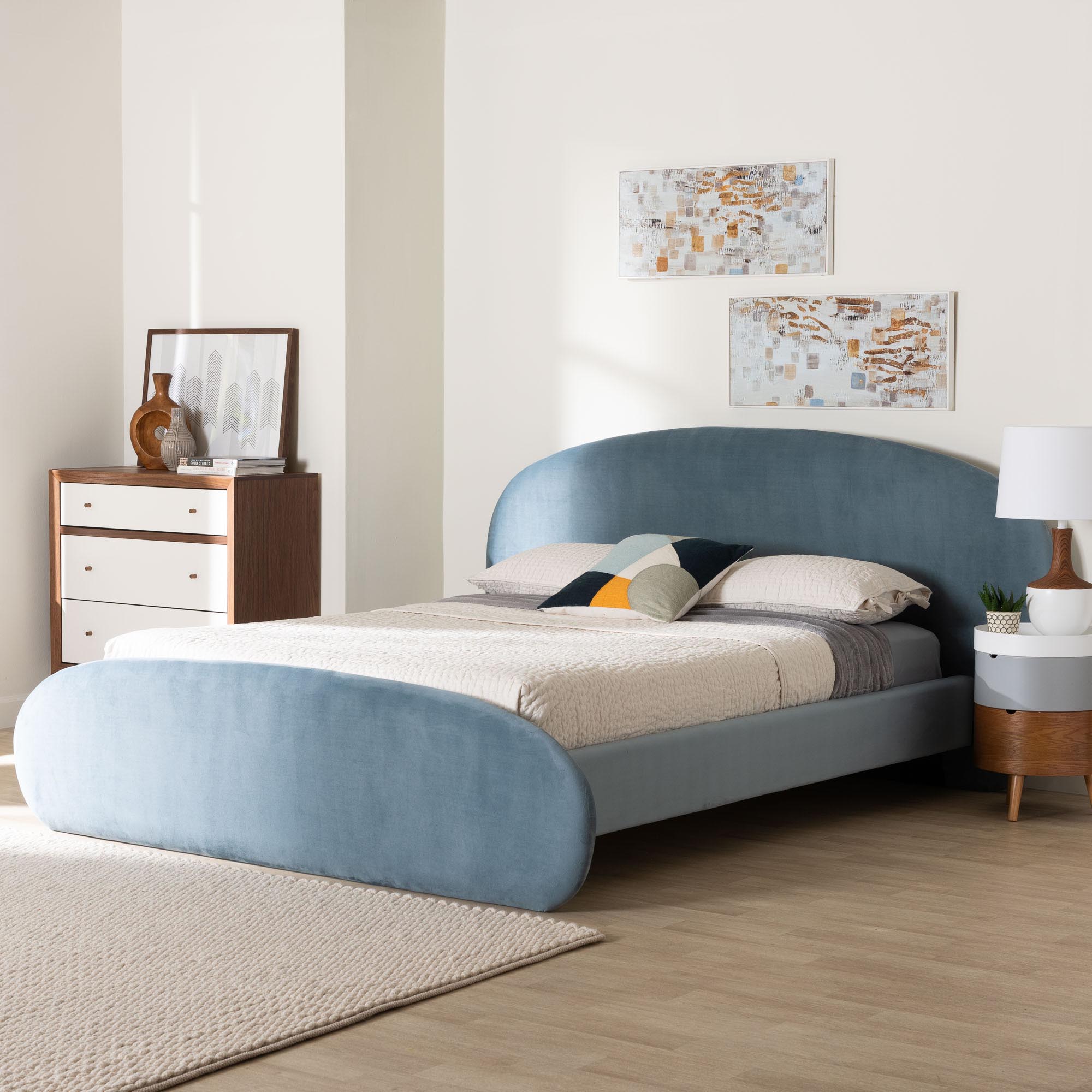 Baxton Studio Ekram Velvet Upholstered Platform Bed - Mid-Century Modern Bed Frame with Curved Headboard and Accent Footboard, Classic Luxe Bedroom Centerpiece, Queen