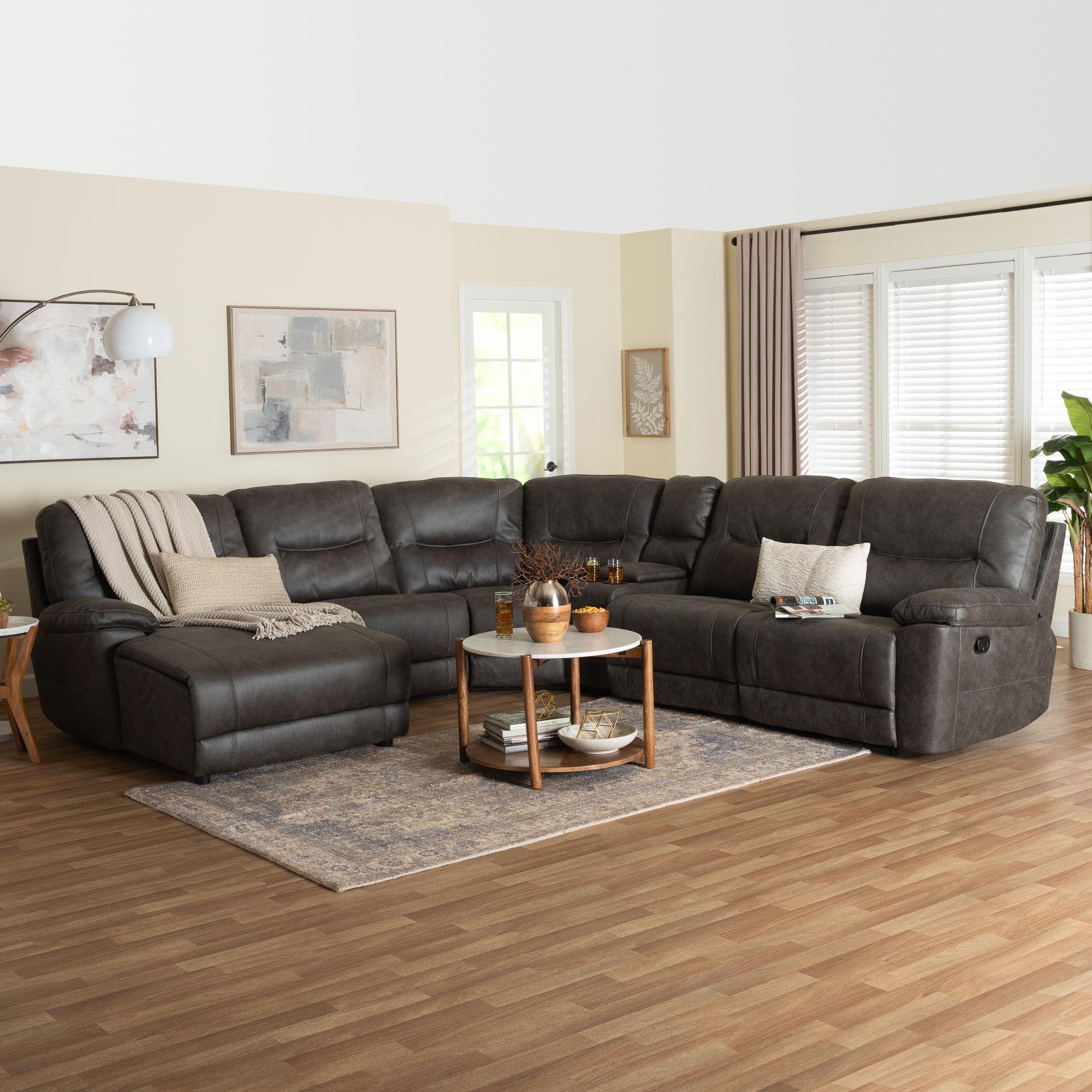 Baxton Studio Mistral 6-Piece Reclining Sectional Sofa with Left-facing Chaise Lounge - Suede Upholstered Modular Sectional with Storage