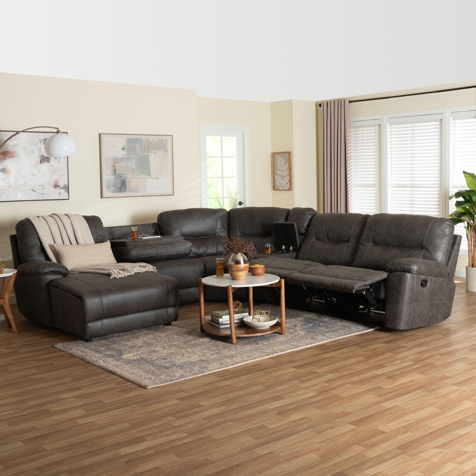 Baxton Studio Mistral 6-Piece Reclining Sectional Sofa with Left-facing Chaise Lounge - Suede Upholstered Modular Sectional with Storage