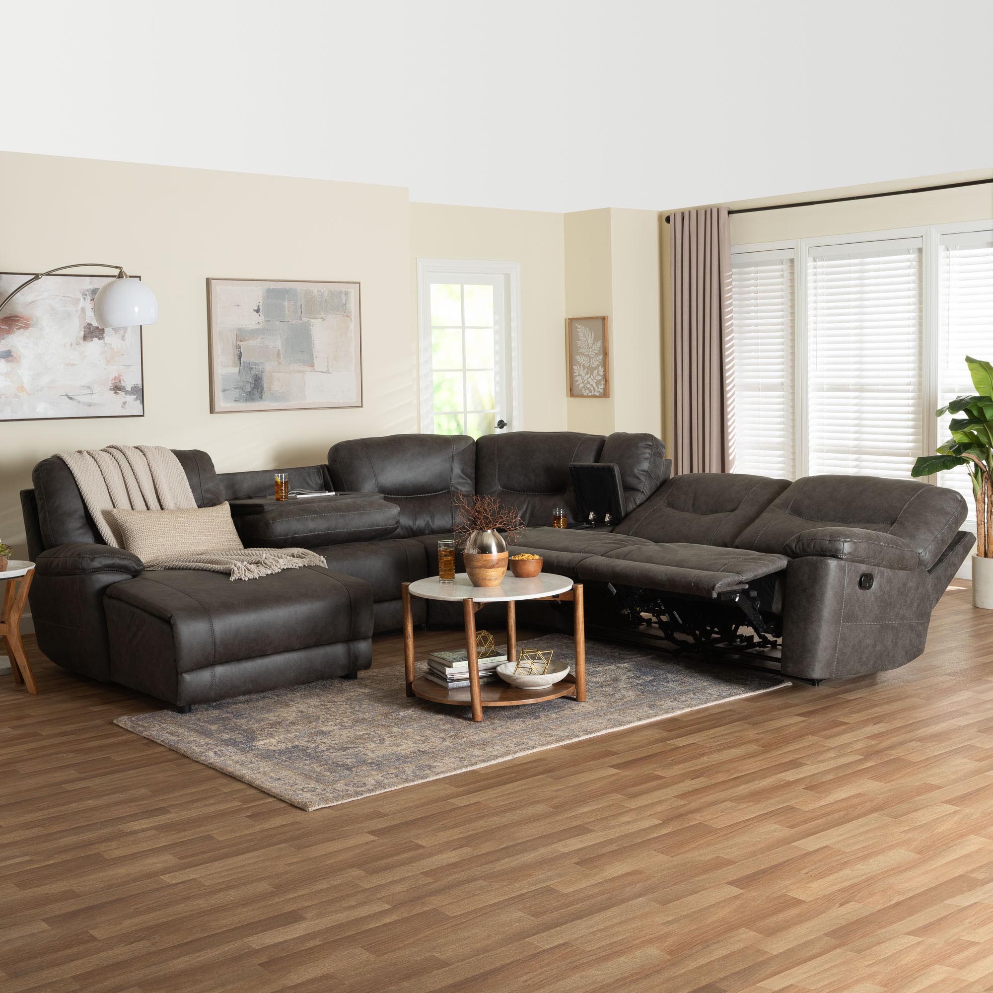 Baxton Studio Mistral 6-Piece Reclining Sectional Sofa with Left-facing Chaise Lounge - Suede Upholstered Modular Sectional with Storage