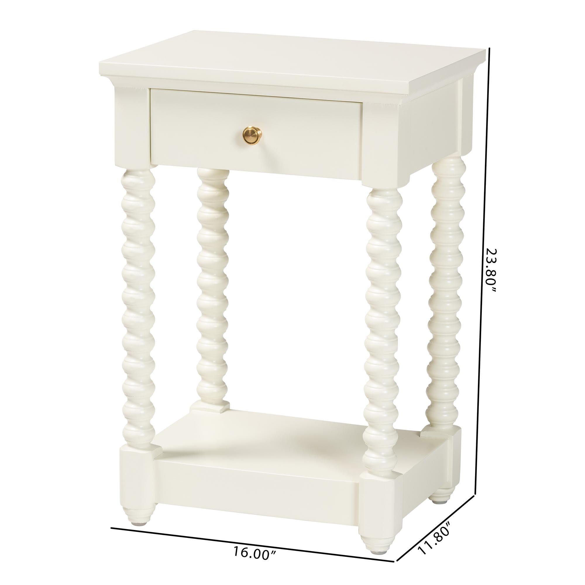 Baxton Studio Terentia Nightstand with Bobbin Legs - 1-Drawer Bedroom Side Table with Storage Shelf, White