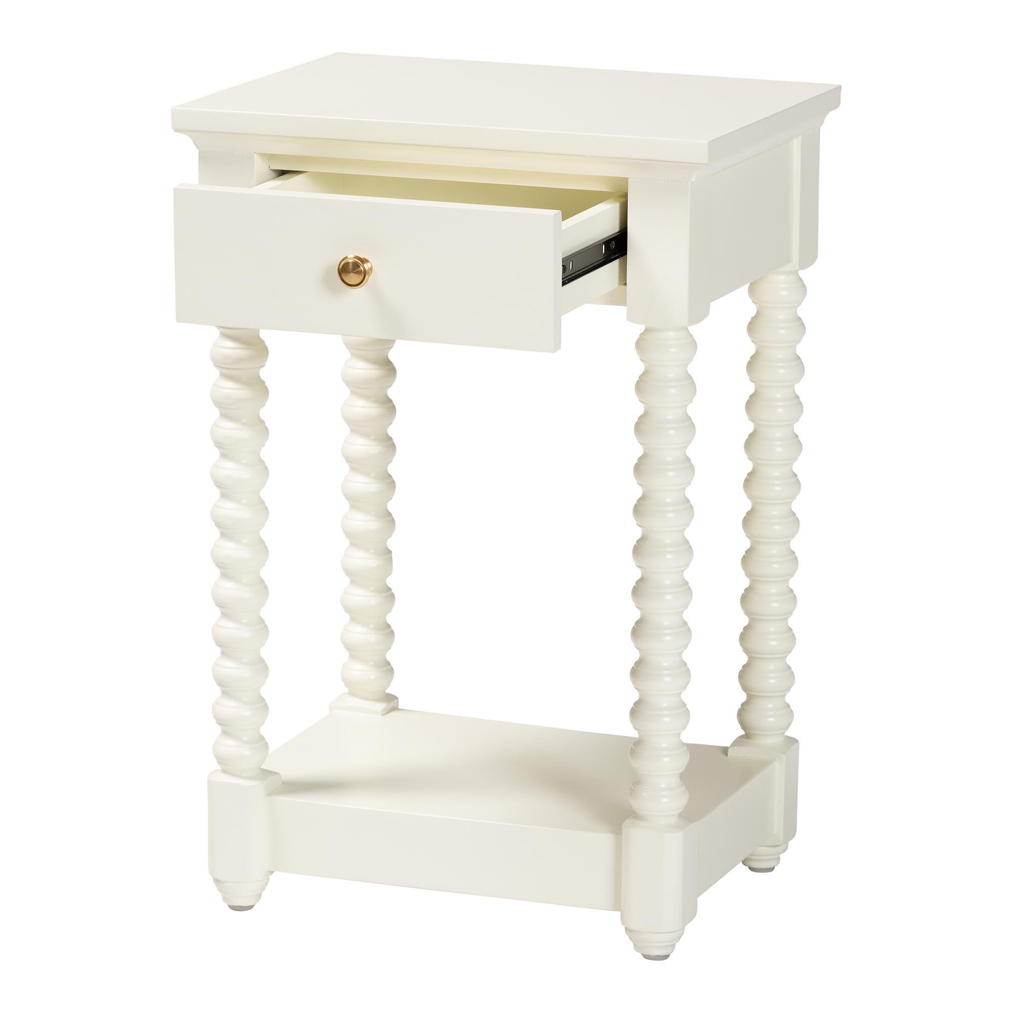 Baxton Studio Terentia Nightstand with Bobbin Legs - 1-Drawer Bedroom Side Table with Storage Shelf, White