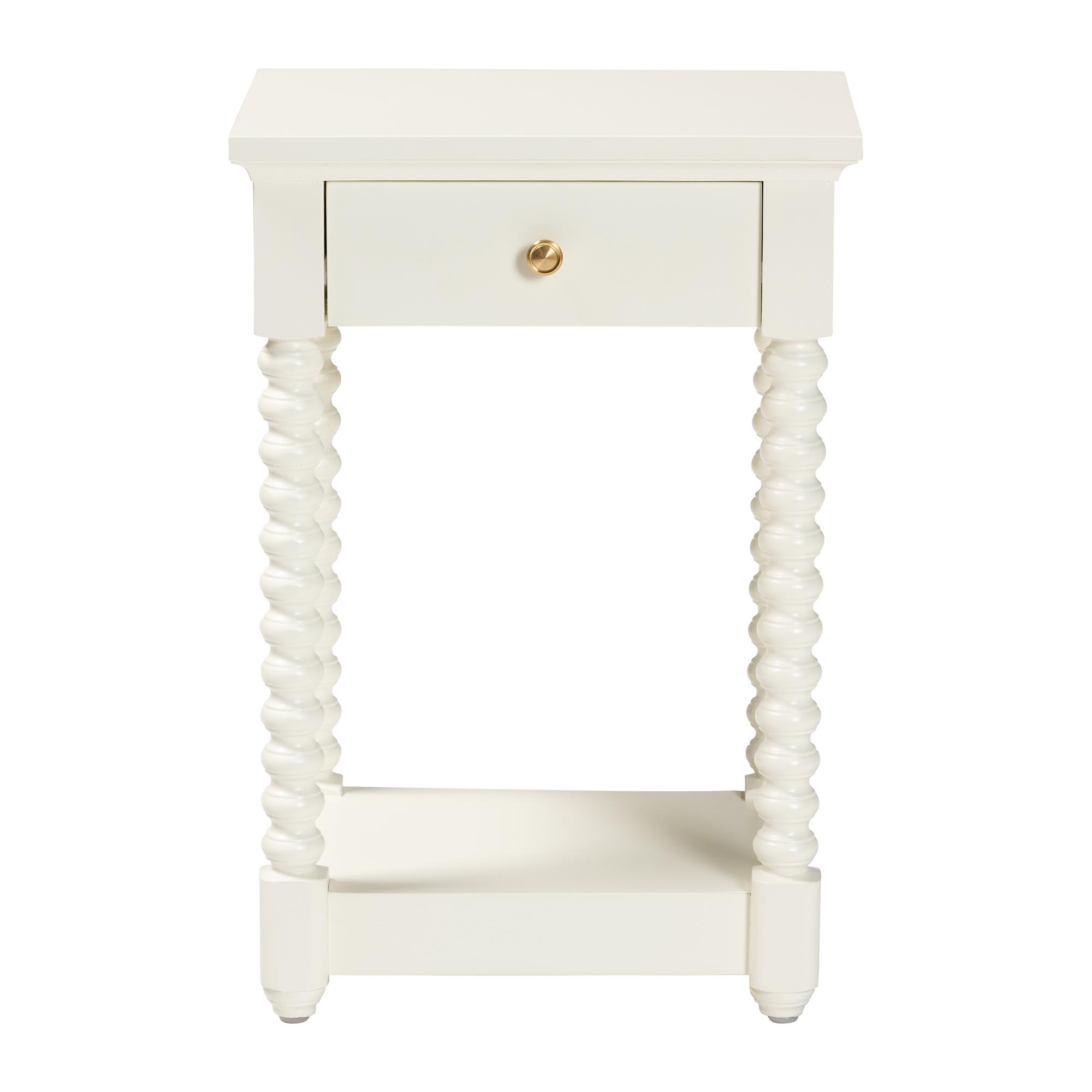 Baxton Studio Terentia Nightstand with Bobbin Legs - 1-Drawer Bedroom Side Table with Storage Shelf, White