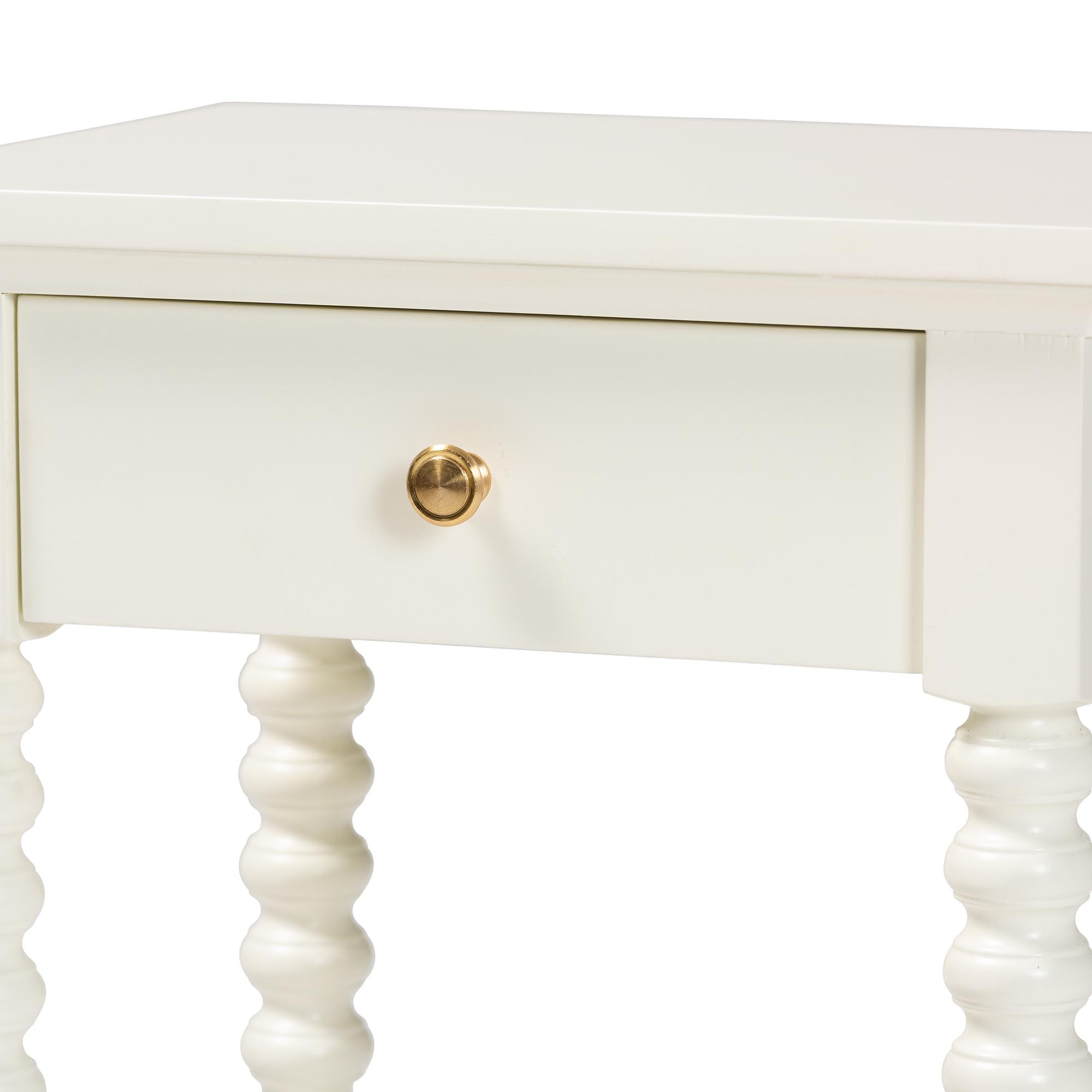 Baxton Studio Terentia Nightstand with Bobbin Legs - 1-Drawer Bedroom Side Table with Storage Shelf, White