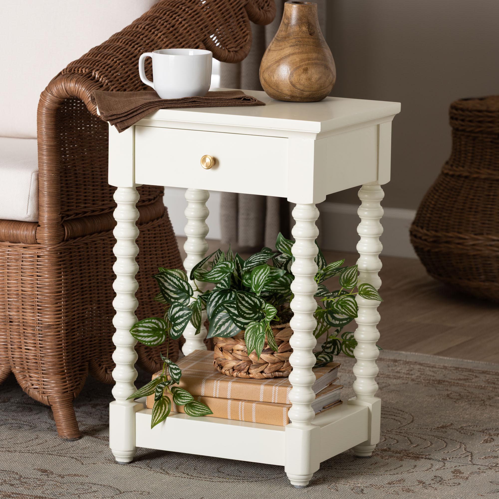 Baxton Studio Terentia Nightstand with Bobbin Legs - 1-Drawer Bedroom Side Table with Storage Shelf, White