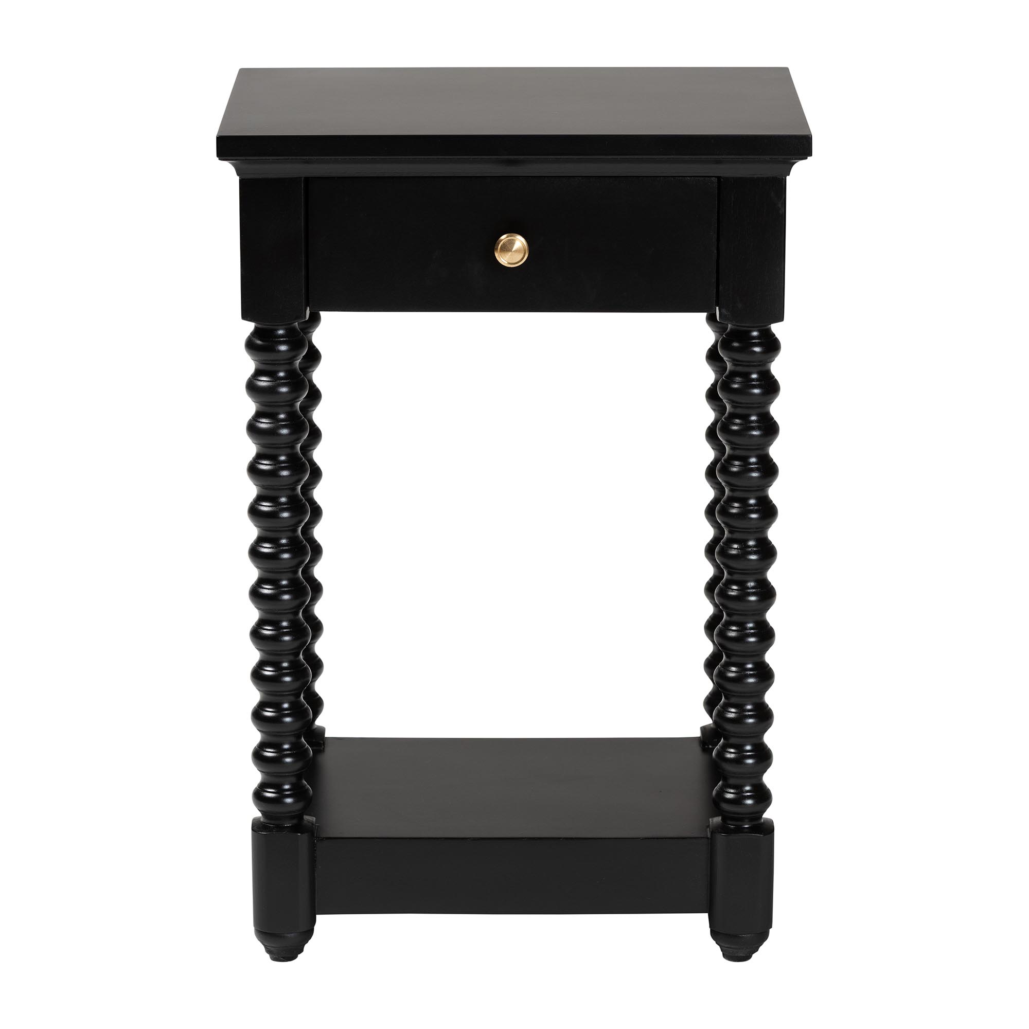 Baxton Studio Terentia Nightstand with Bobbin Legs - 1-Drawer Bedroom Side Table with Storage Shelf, Black