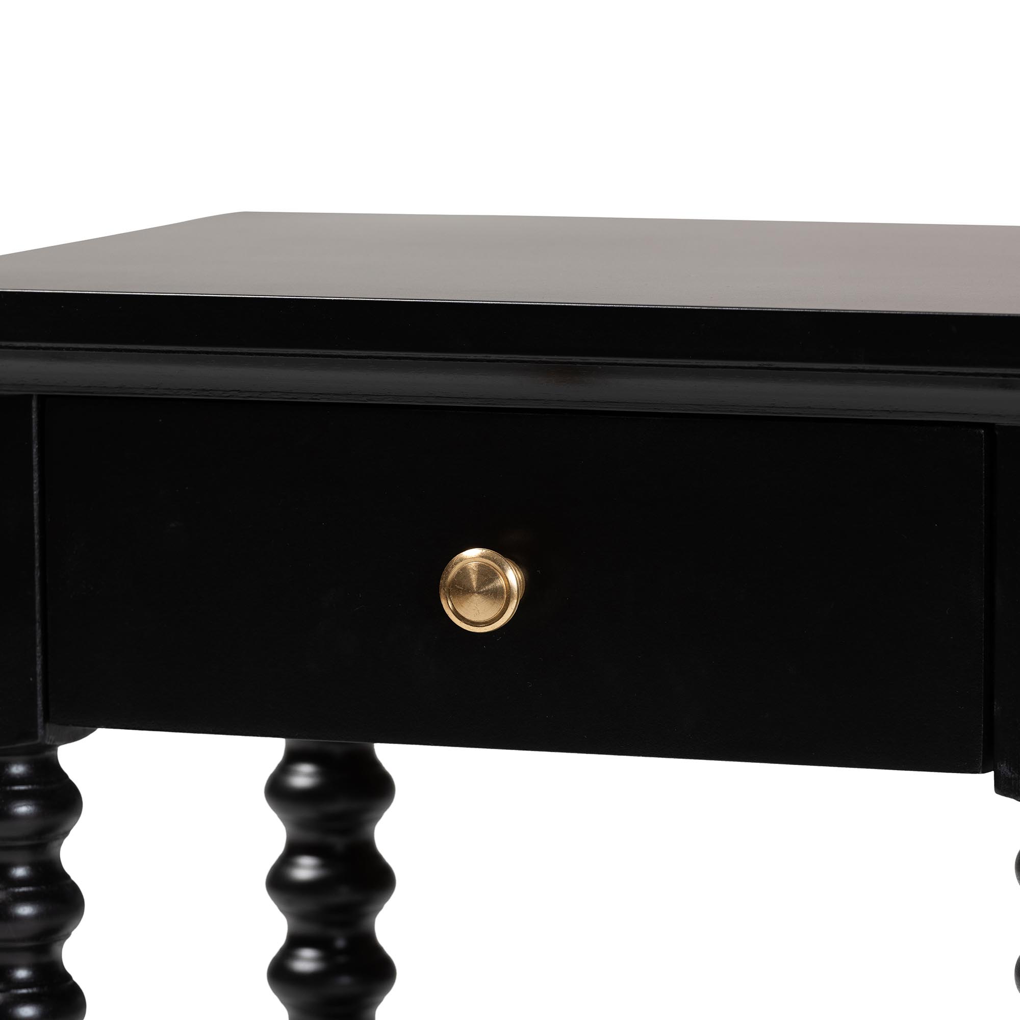Baxton Studio Terentia Nightstand with Bobbin Legs - 1-Drawer Bedroom Side Table with Storage Shelf, Black
