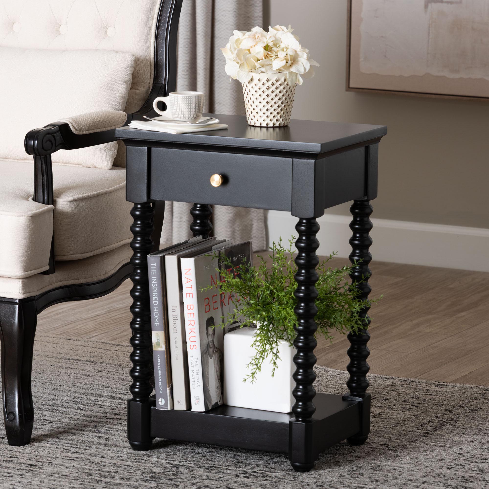 Baxton Studio Terentia Nightstand with Bobbin Legs - 1-Drawer Bedroom Side Table with Storage Shelf, Black