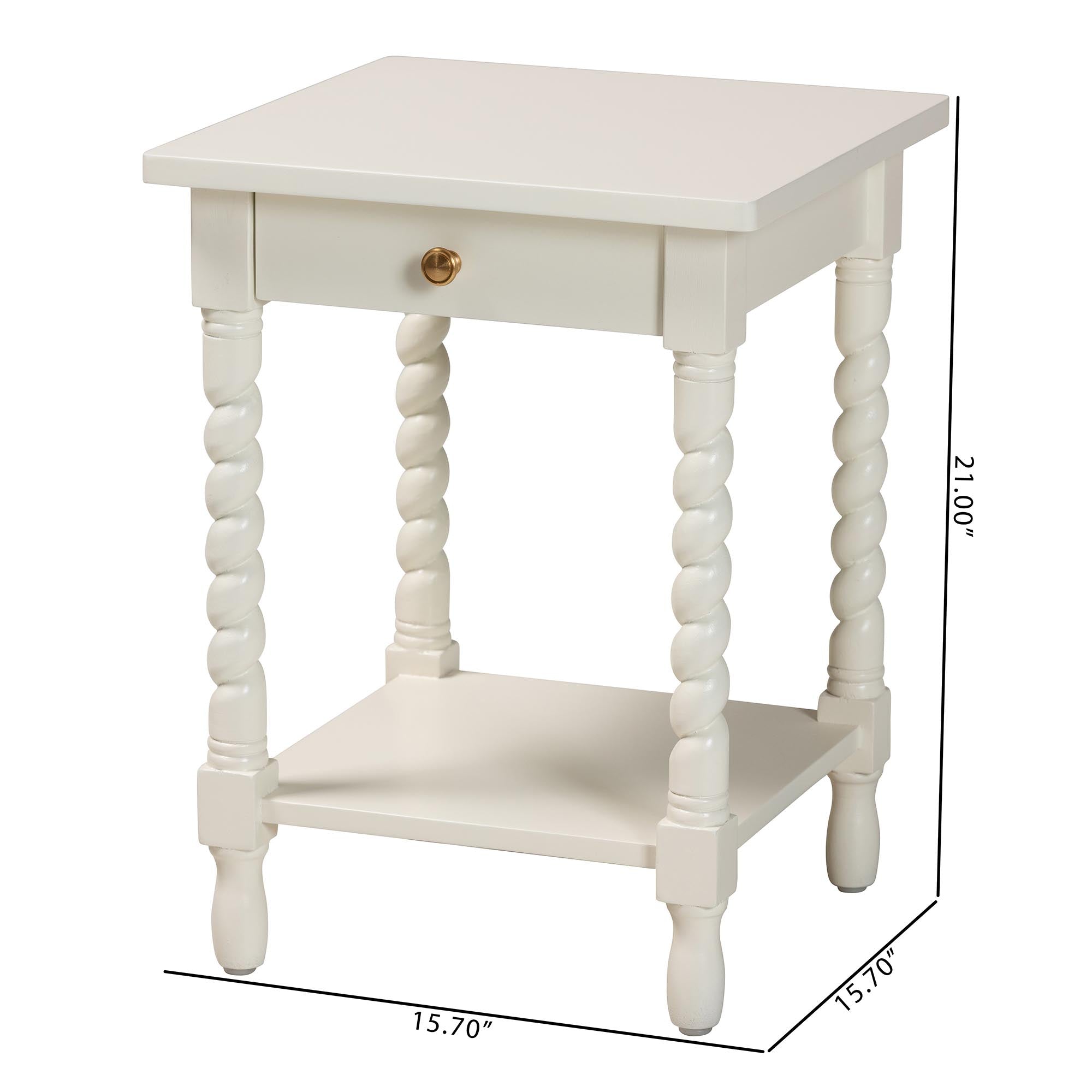 Baxton Studio Niklas Nightstand with Twisted Legs - 1-Drawer Bedroom Side Table with Storage Shelf, White
