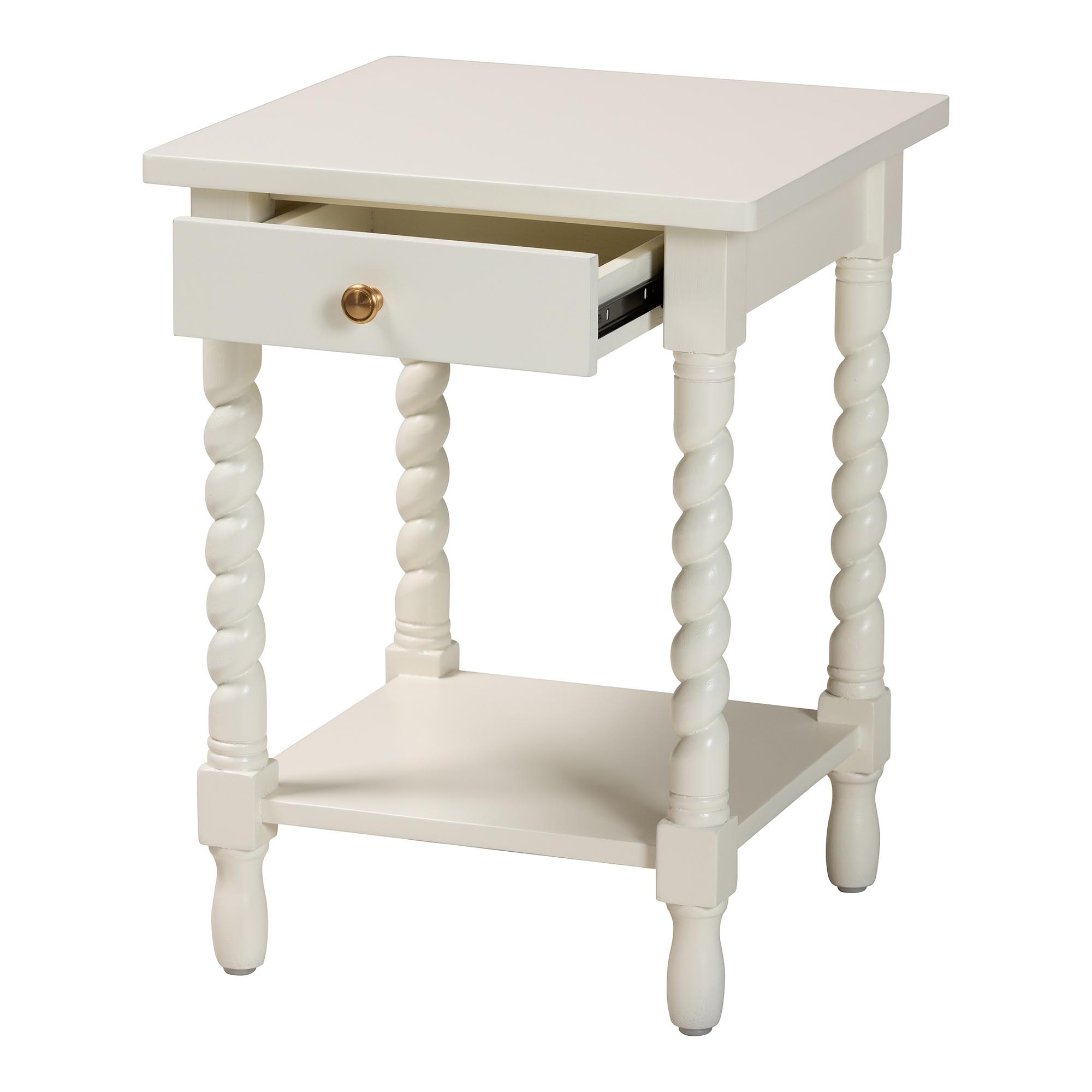 Baxton Studio Niklas Nightstand with Twisted Legs - 1-Drawer Bedroom Side Table with Storage Shelf, White