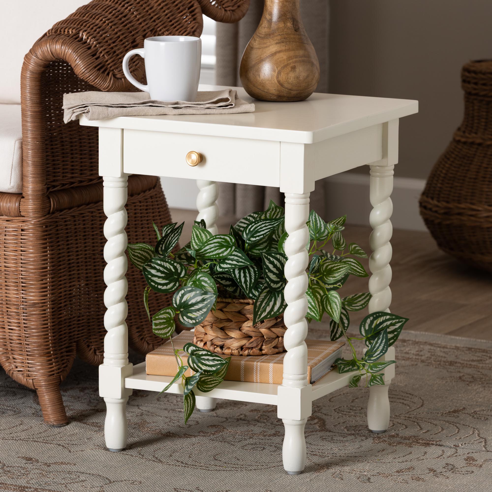 Baxton Studio Niklas Nightstand with Twisted Legs - 1-Drawer Bedroom Side Table with Storage Shelf, White