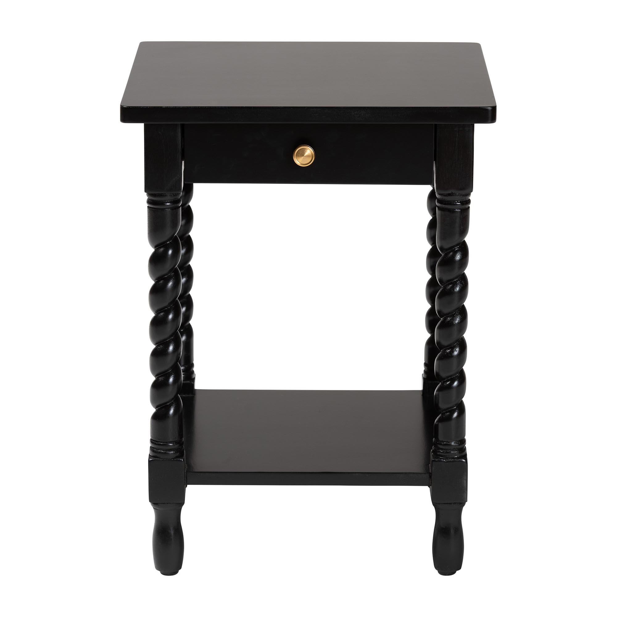 Baxton Studio Niklas Nightstand with Twisted Legs - 1-Drawer Bedroom Side Table with Storage Shelf, Black