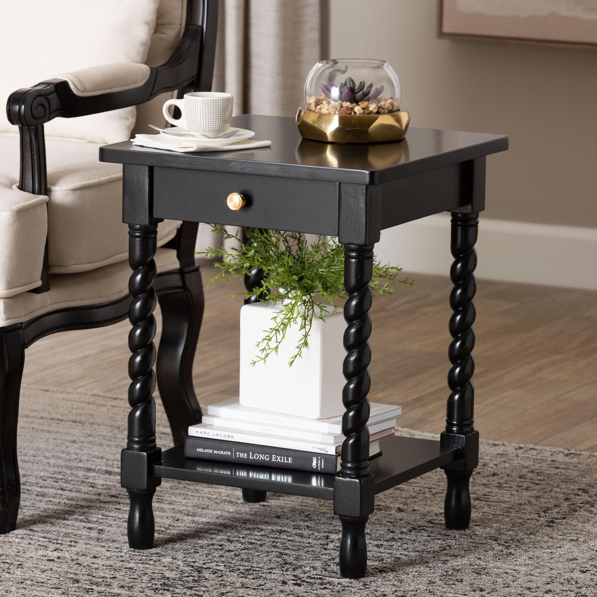 Baxton Studio Niklas Nightstand with Twisted Legs - 1-Drawer Bedroom Side Table with Storage Shelf, Black