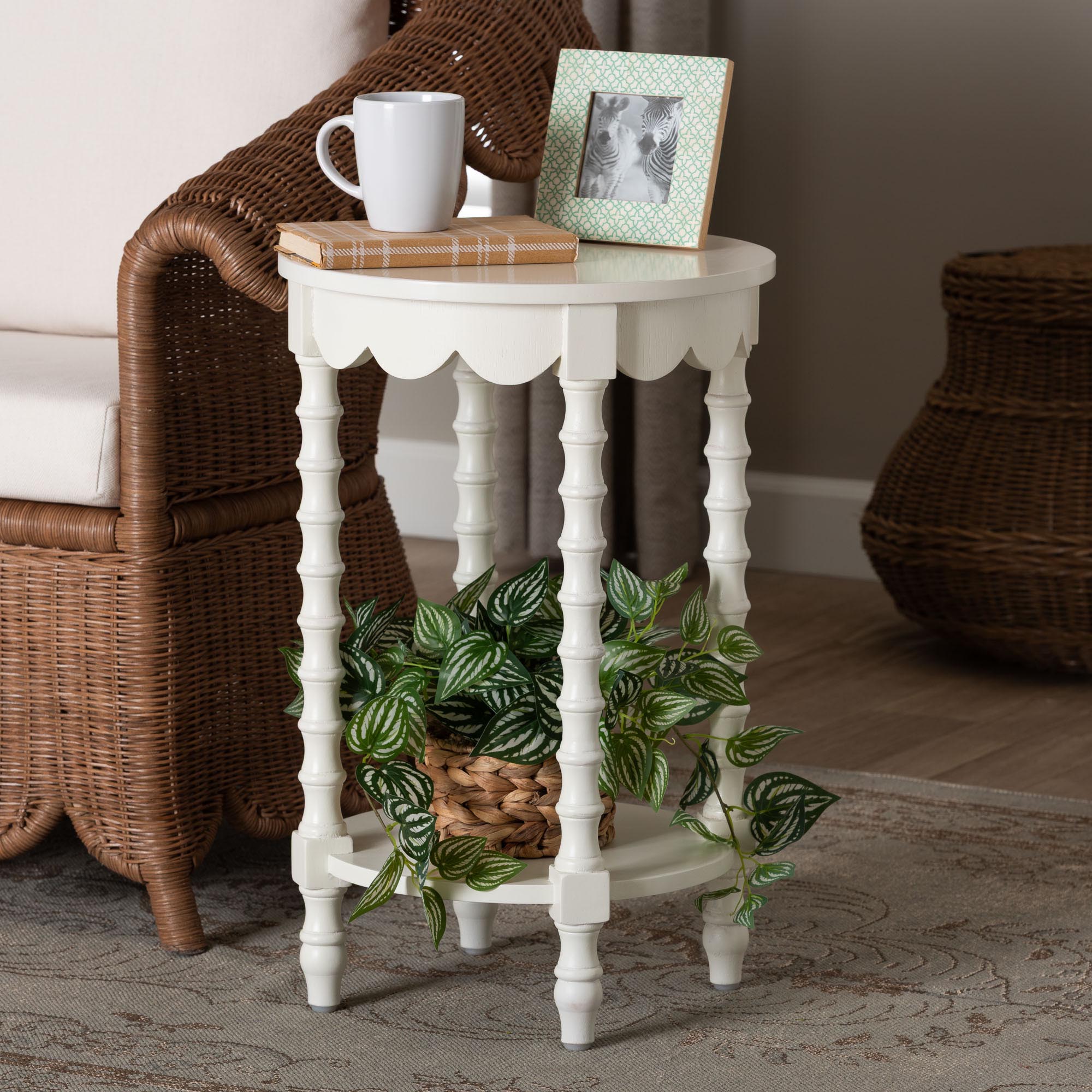 Baxton Studio Sally Round Nightstand with Bamboo Inspired Legs - Scalloped Bedroom Side Table with Open Shelf, White