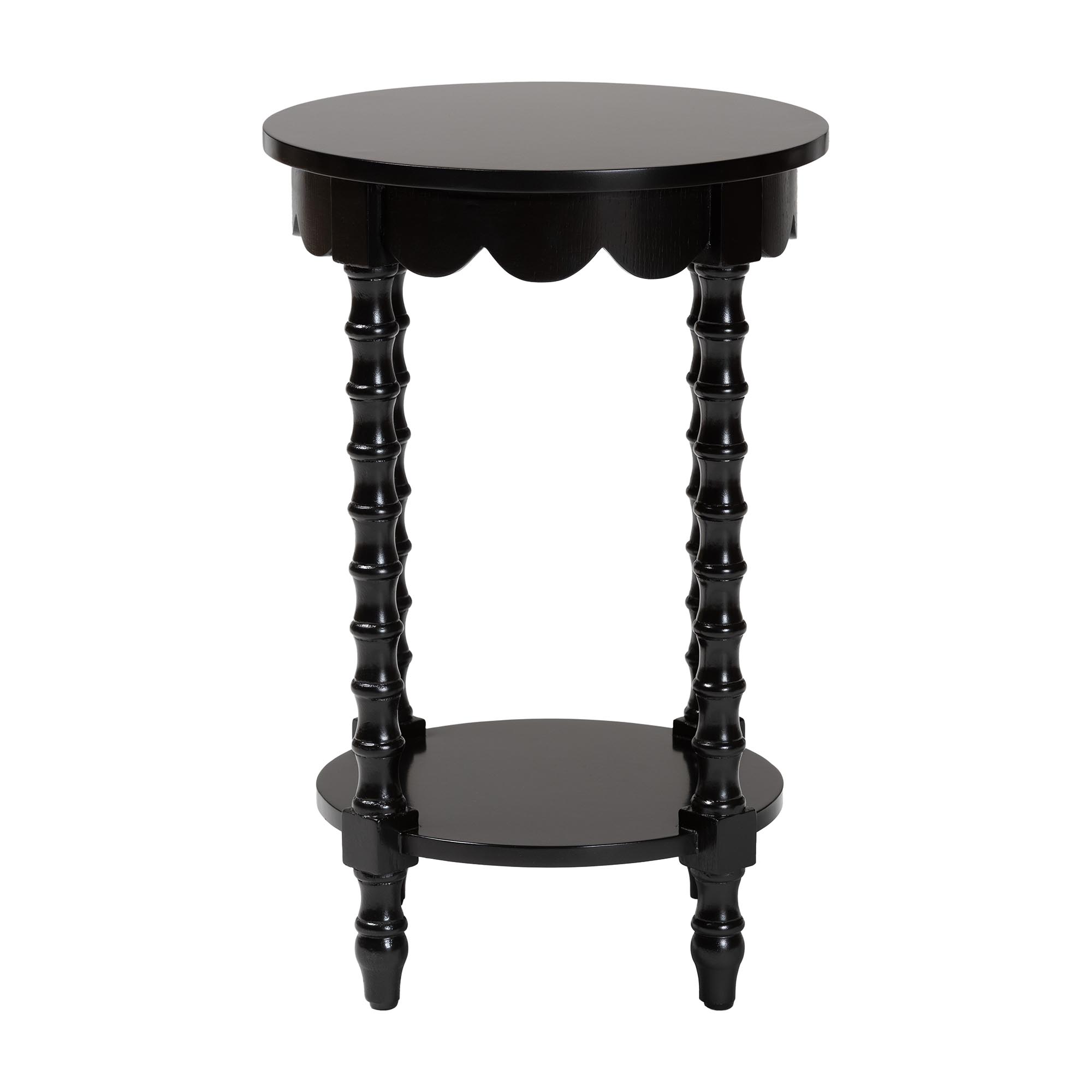 Baxton Studio Sally Round Nightstand with Bamboo Inspired Legs - Scalloped Bedroom Side Table with Open Shelf, Black