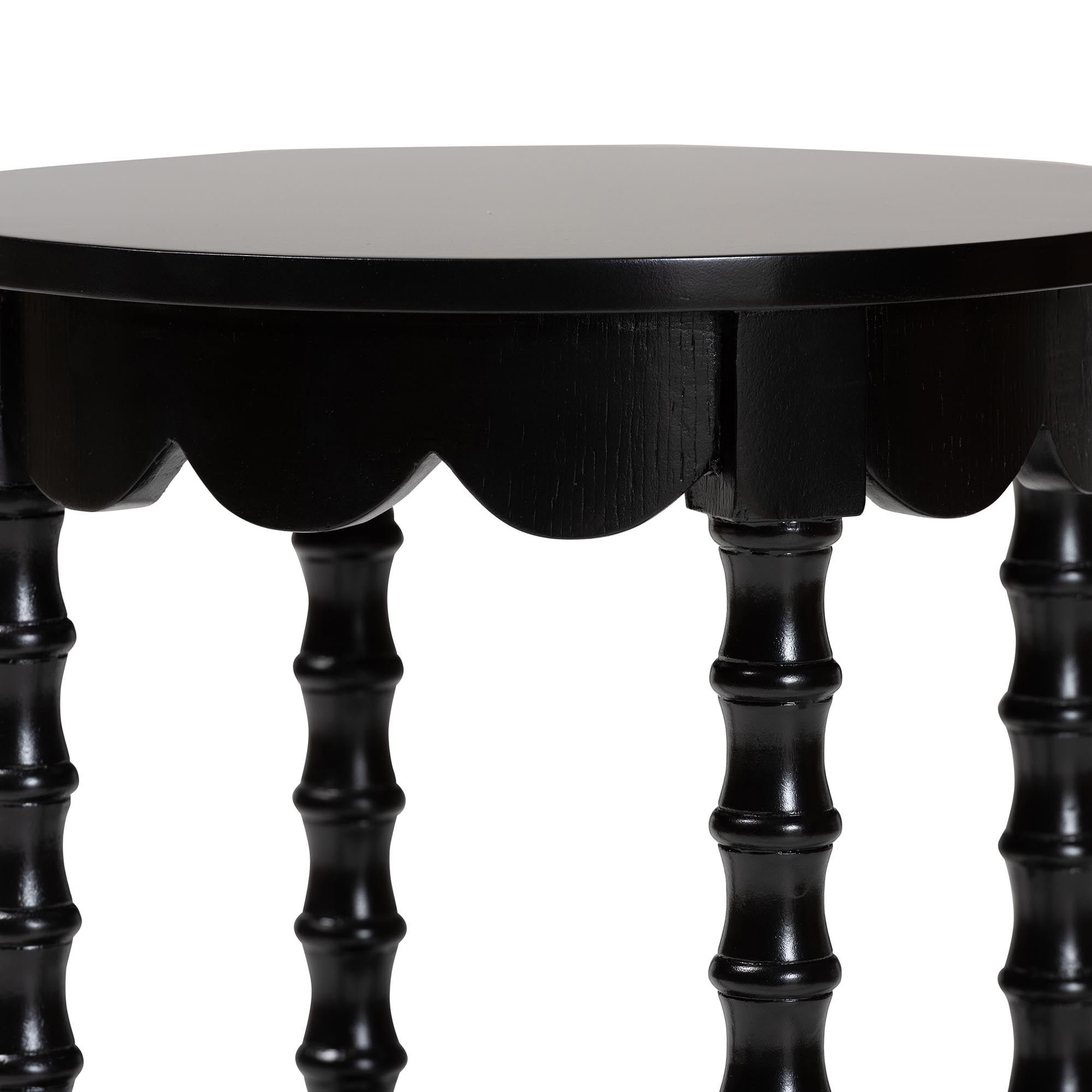 Baxton Studio Sally Round Nightstand with Bamboo Inspired Legs - Scalloped Bedroom Side Table with Open Shelf, Black