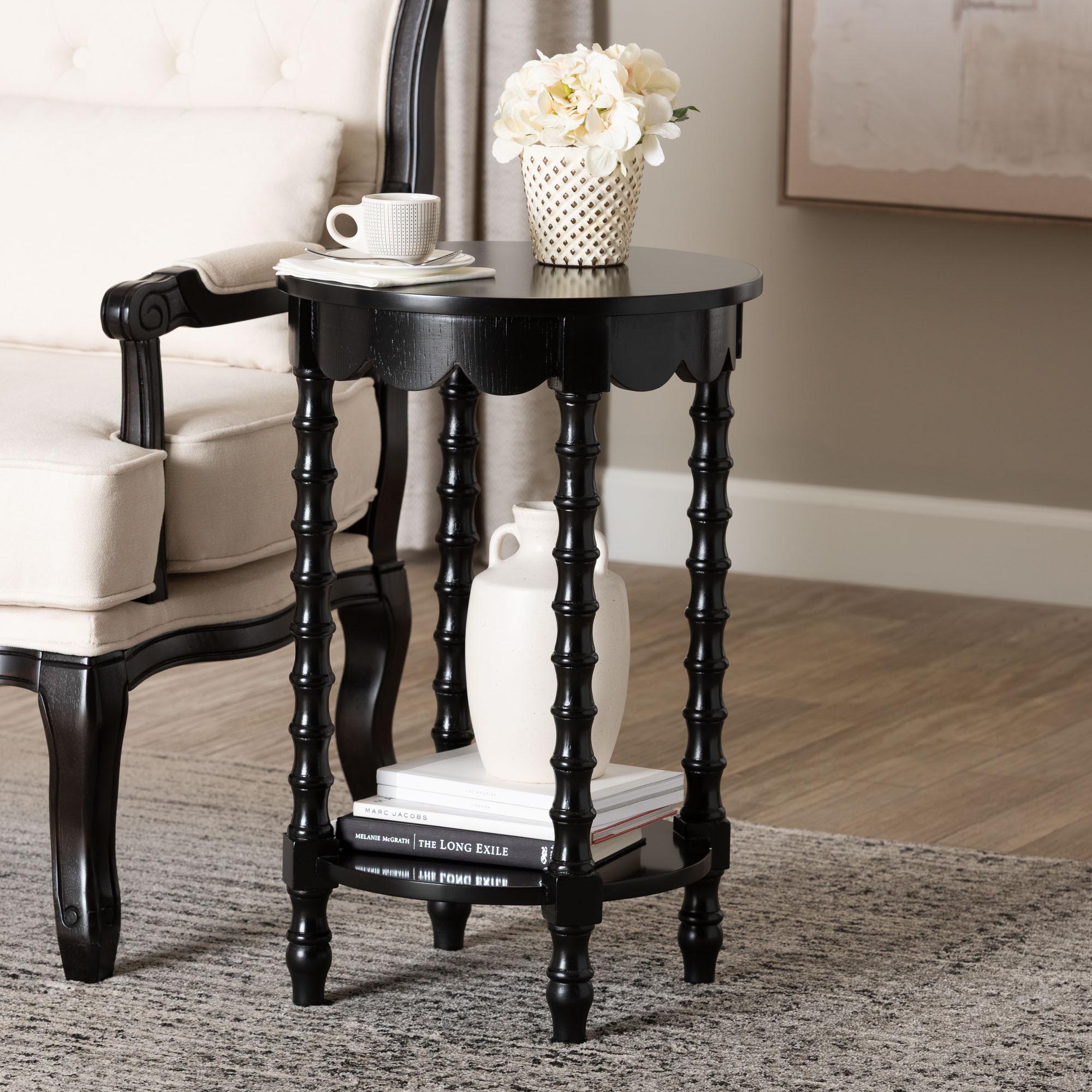 Baxton Studio Sally Round Nightstand with Bamboo Inspired Legs - Scalloped Bedroom Side Table with Open Shelf, Black