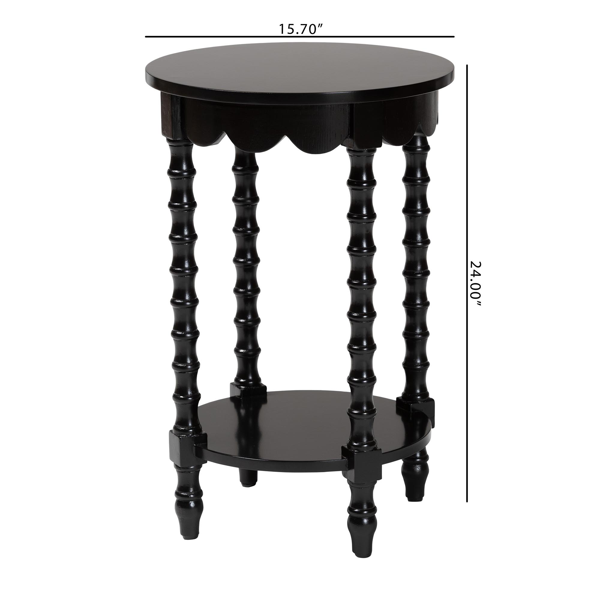 Baxton Studio Sally Round Nightstand with Bamboo Inspired Legs - Scalloped Bedroom Side Table with Open Shelf, Black