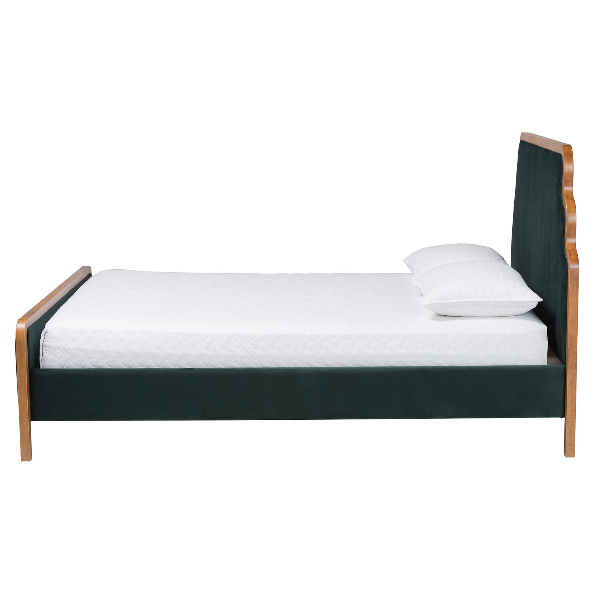 Baxton Studio Gerianne Velvet Upholstered Platform Bed - Classic European Bed Frame with Scalloped Headboard and Wood Trim, Modern Luxe Bedroom Furniture, Queen