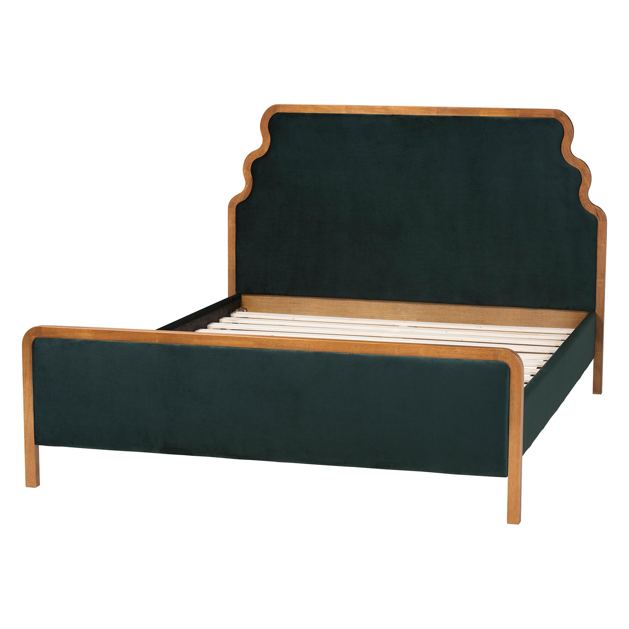 Baxton Studio Gerianne Velvet Upholstered Platform Bed - Classic European Bed Frame with Scalloped Headboard and Wood Trim, Modern Luxe Bedroom Furniture, Queen