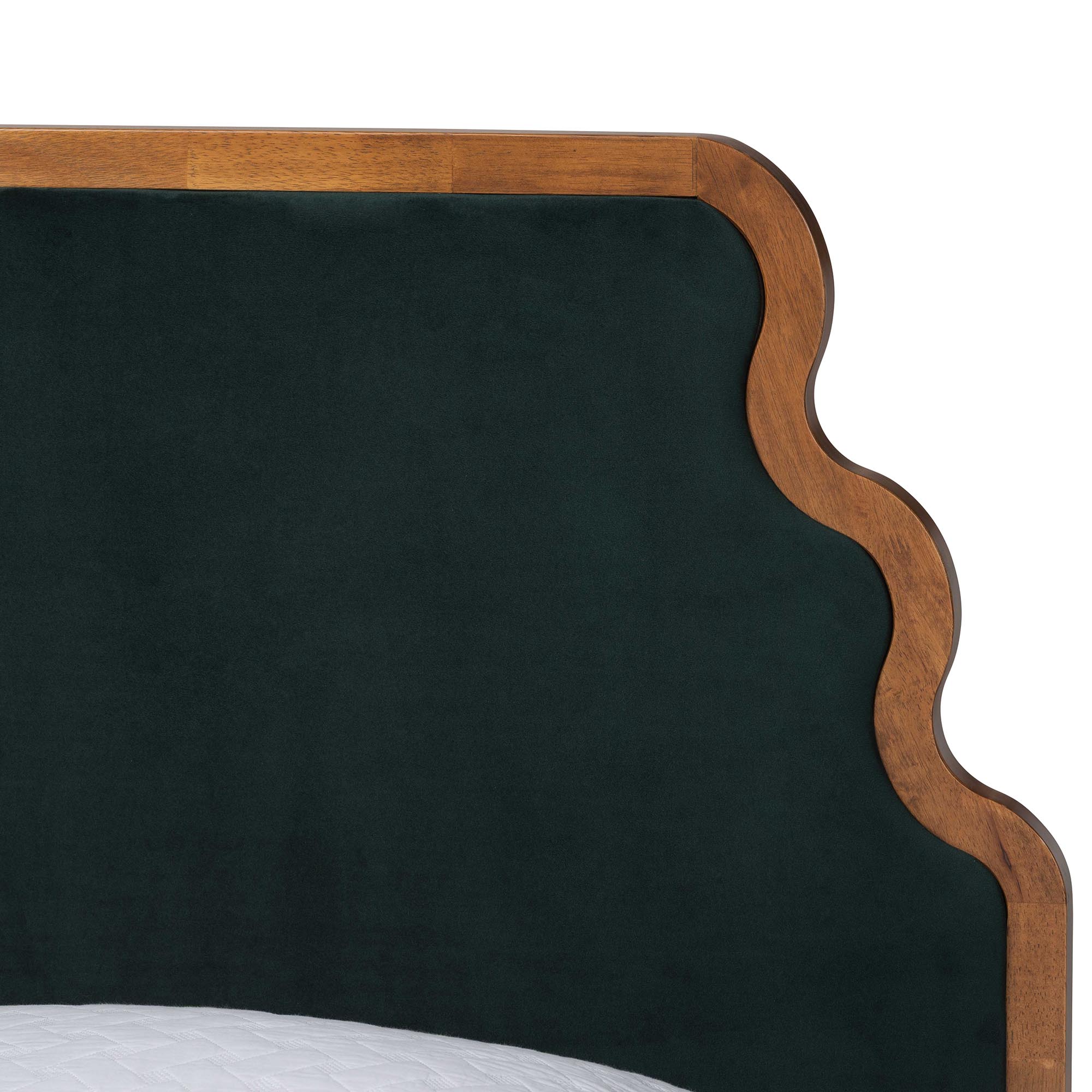 Baxton Studio Gerianne Velvet Upholstered Platform Bed - Classic European Bed Frame with Scalloped Headboard and Wood Trim, Modern Luxe Bedroom Furniture, Queen