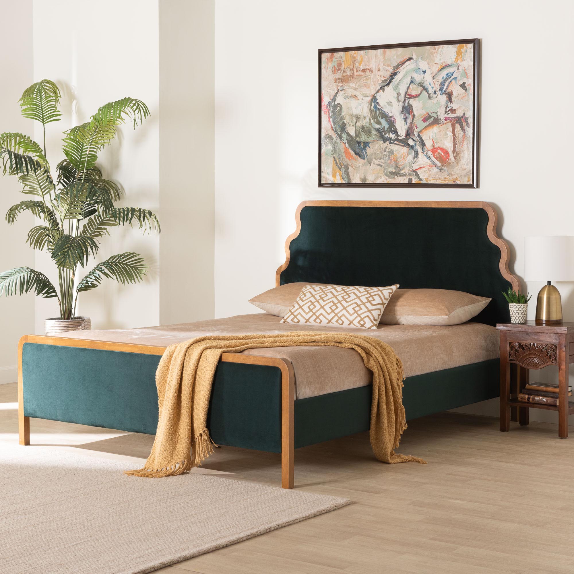 Baxton Studio Gerianne Velvet Upholstered Platform Bed - Classic European Bed Frame with Scalloped Headboard and Wood Trim, Modern Luxe Bedroom Furniture, Queen