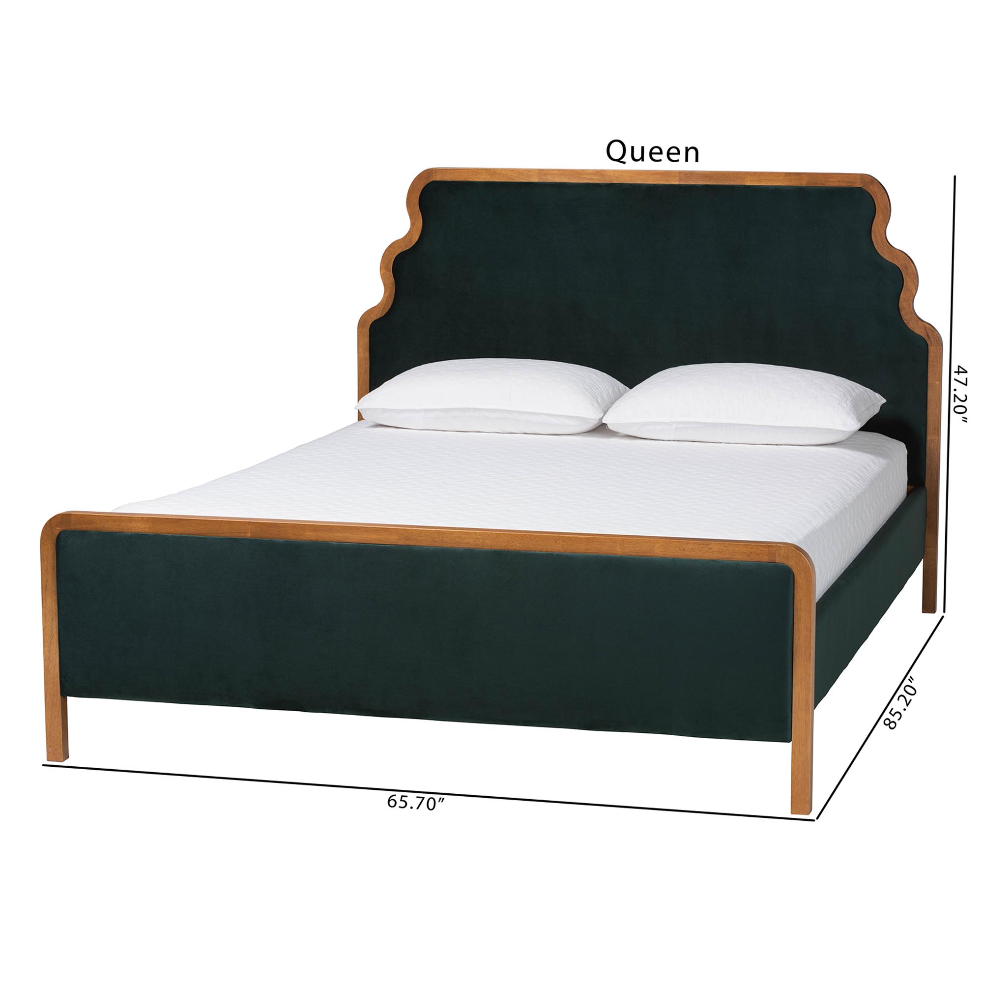 Baxton Studio Gerianne Velvet Upholstered Platform Bed - Classic European Bed Frame with Scalloped Headboard and Wood Trim, Modern Luxe Bedroom Furniture, Queen