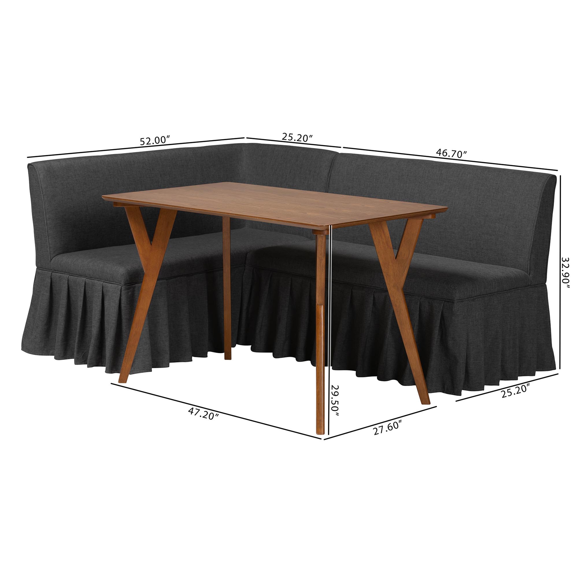 Baxton Studio Randolph 3-Piece Fabric Upholstered Dining Nook Set - Corner Kitchen Banquette with Skirted Base, L-Shaped Breakfast Nook for Small Spaces, Dark Grey